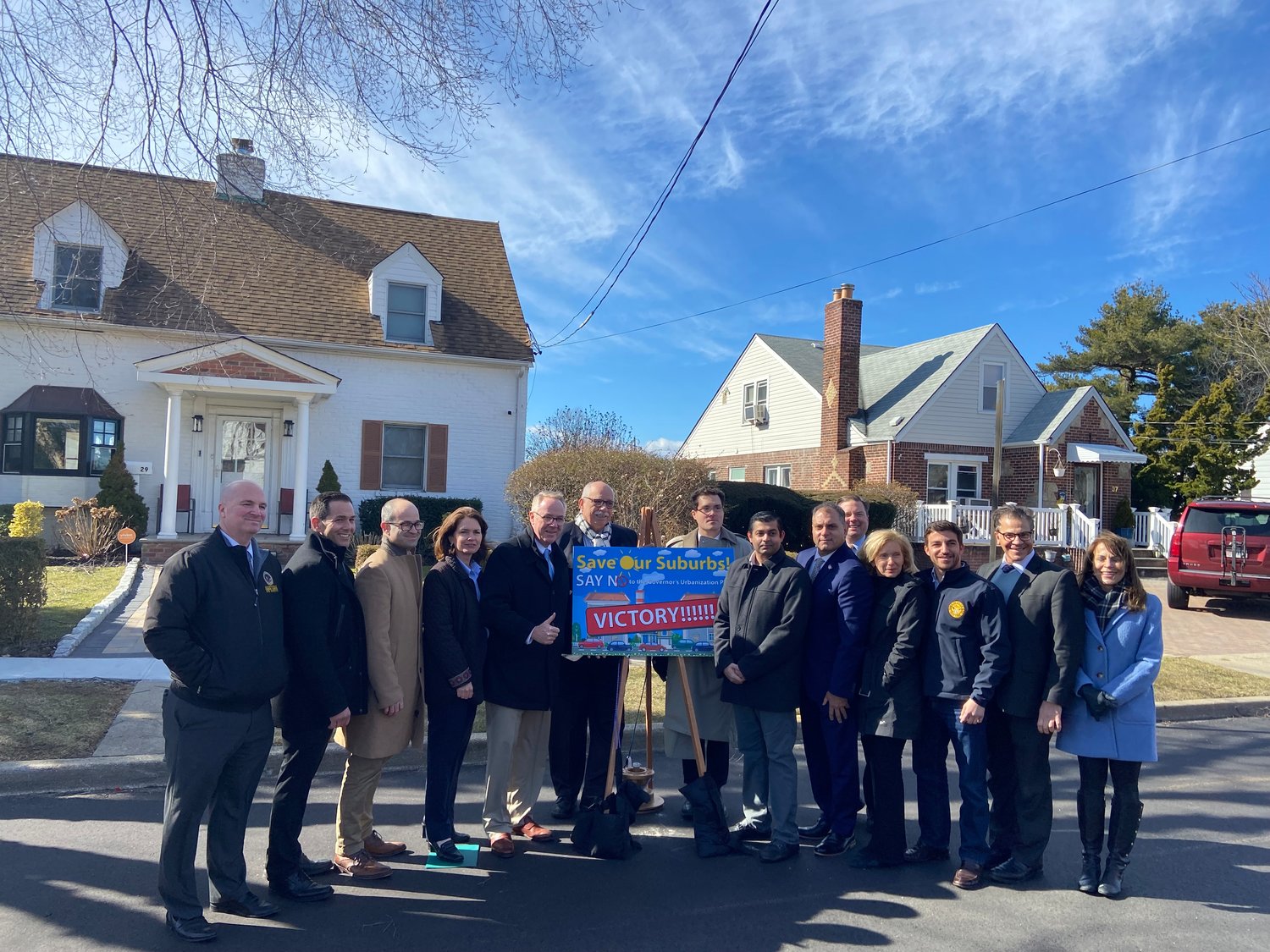 Officials, including those from the Town of Oyster Bay, gathered to celebrate Gov. Kathy Hochul’s decision to remove the single-family zoning proposal from her 2022-2023 budget.