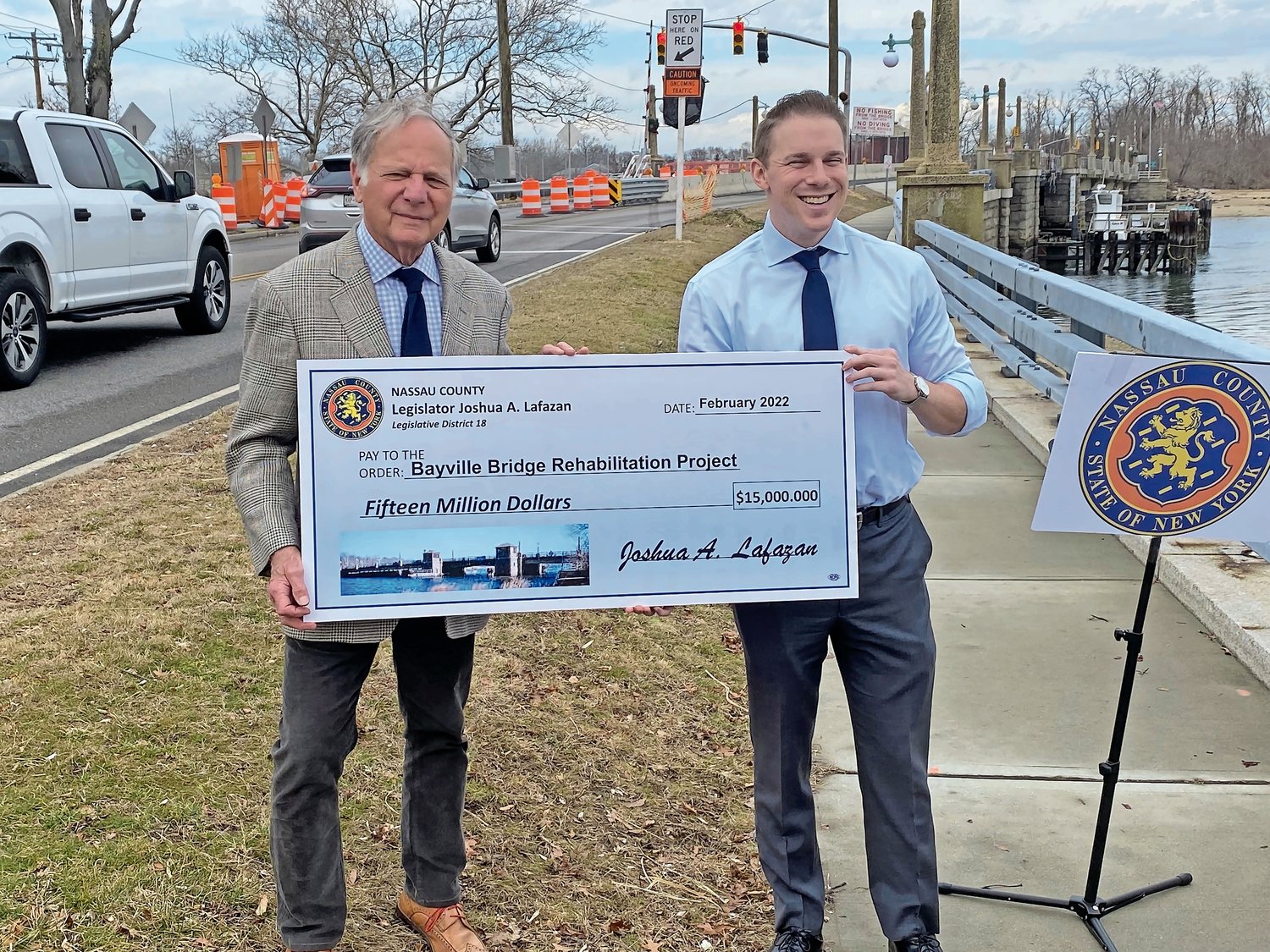 Nassau County Legislator Josh Lafazan, right, held a news conference on Wednesday to offer $15 million in county funding to help complete the multi-year Bayville Bridge Rehabilitation Project. Bayville Mayor Bob De Natale joined him.