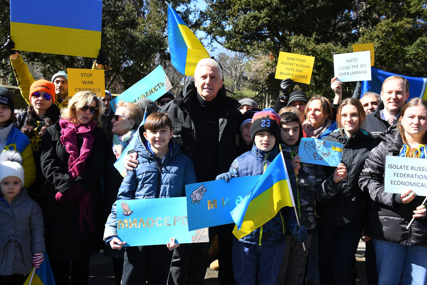 At 127 Dosoris Lane, Glen Cove, Nassau County Executive Bruce Blakeman stood with Long Island Ukrainian Americans on Feb. 26.