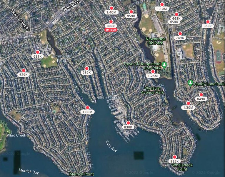 With the sale of a home for almost $2.5 million set to be finalized this week in Merrick, it is evident that South Shore real estate prices are on the rise due to high demand and low inventory. This map of the Bellmore-Merrick shores shows hardly any homes for sale under $600,000, the median listing price on Long Island.