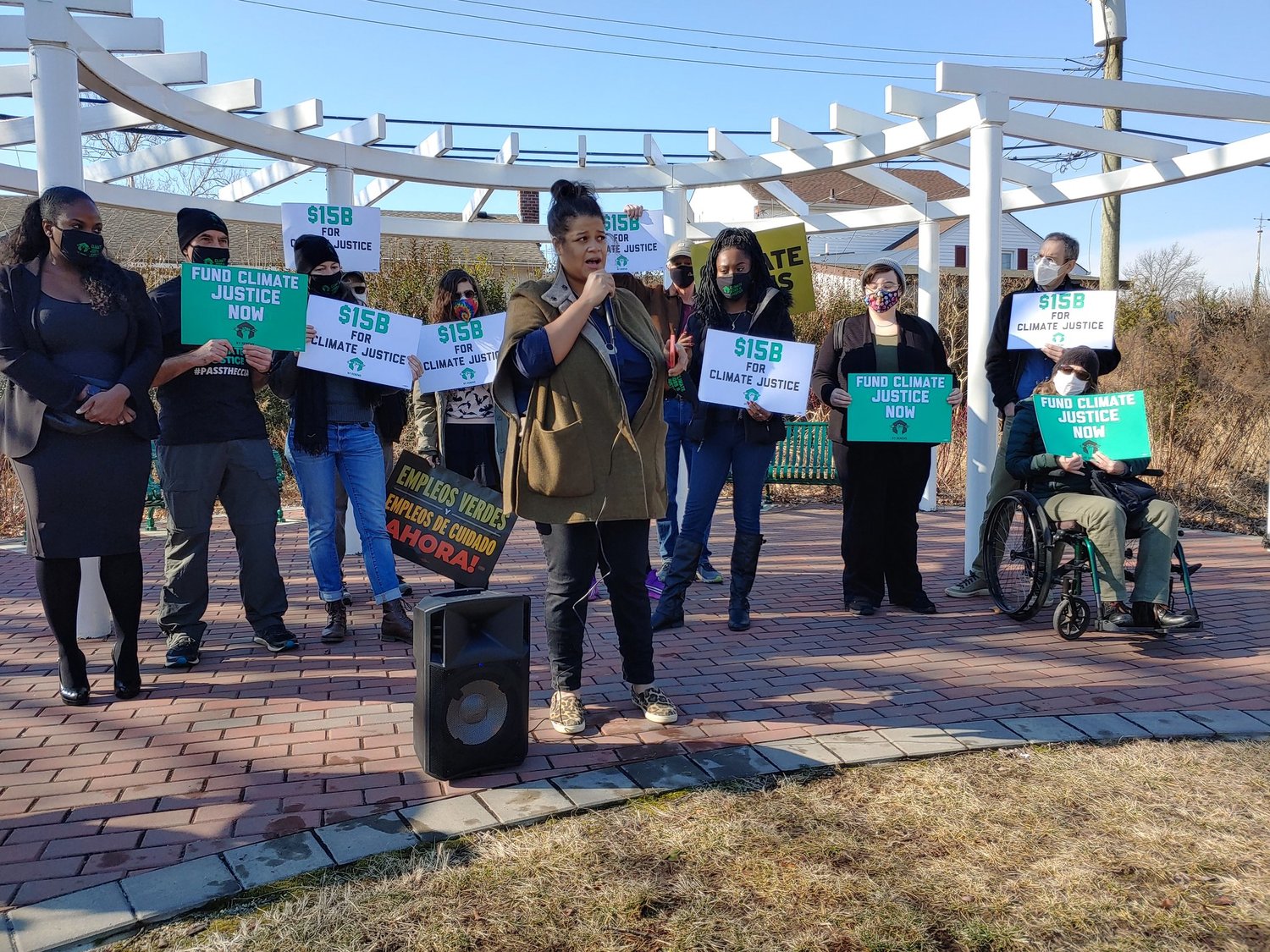 State Assemblywoman Michaelle Solages, who represents Elmont, spoke at the rally, calling for $15 billion in funding for action on climate change.