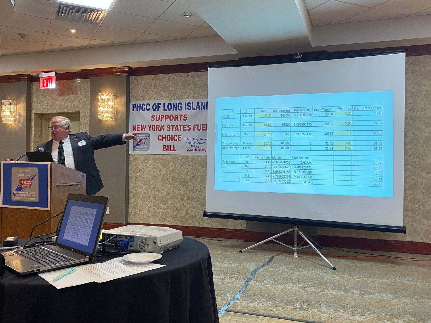 PHCC National tegulatory affairs vice president Chuck White explains his worries over the all-electric legislation to the crowd of PHCC heating professionals at the Plainview Holiday Inn last Wednesday.
