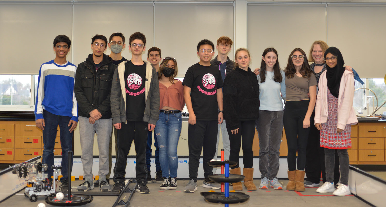 The RoboBoogie robotics team. From April 19 to 23 they will compete in the FTC FIRST World Robotics competition in Houston. From left were students Abdullah Ashrafi, Yaseen Maqsudi, Alessandro Bordone, Ethan Abelev, Jeremy Ginzburg, Sheiresse Cuyuca, Brian Chen, Alexandre Tourneux, Lily Cohen, Alice Fried and Addison Star, robotics coach Janine Torresson and Sidrah Ashrafi.