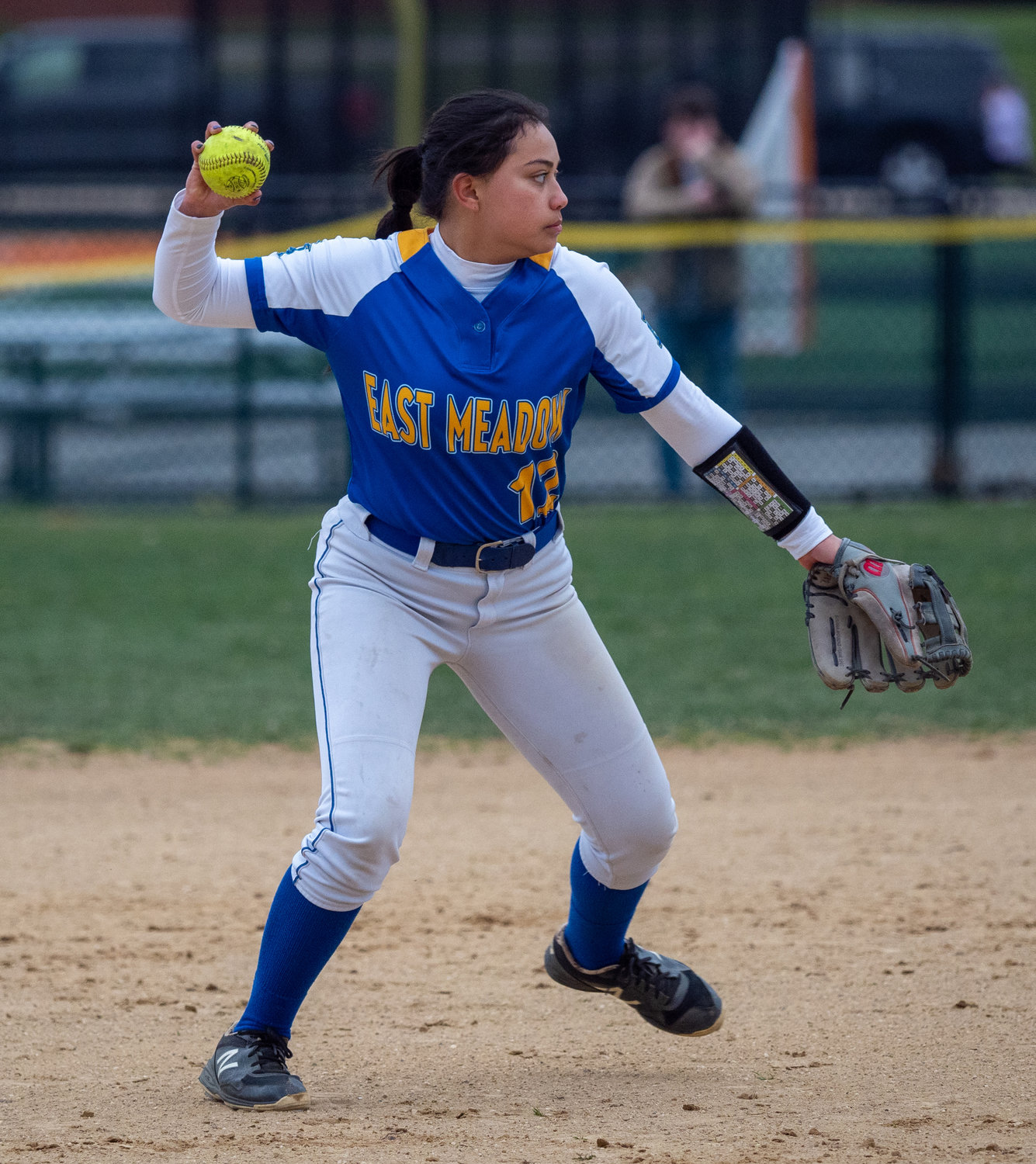 Junior Krystal Quizhpe anchors East Meadow’s defense from shortstop and had three hits in its April 5 loss at Carey.