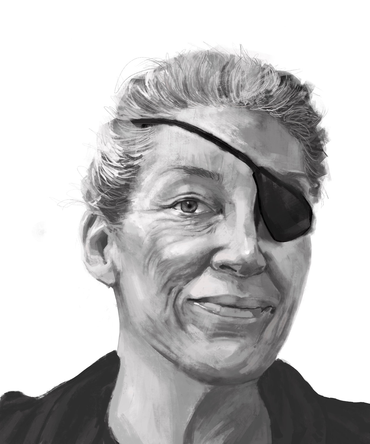 When Tina Tang created a portrait of  Marie Colvin, she focused on what was perhaps her most distinguishing physical identifier, the eyepatch she wore.