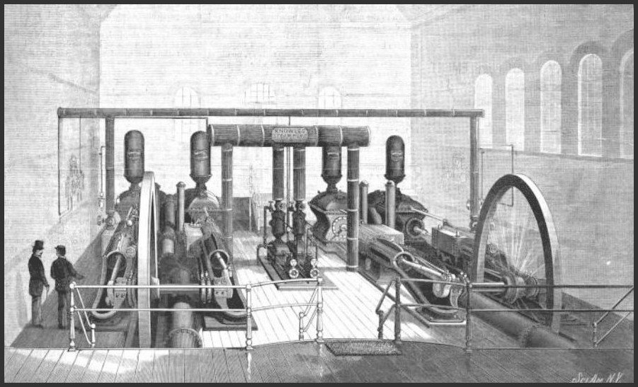 lear Stream Pumping station interior view, published by Scientific American circa April 10, 1886