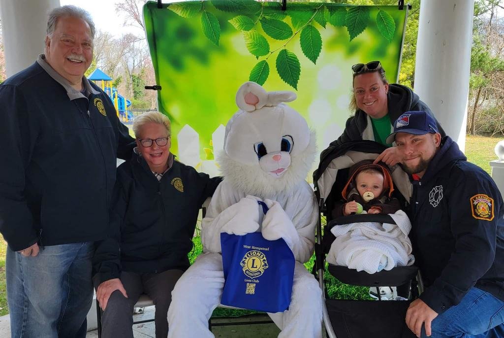 Hall’s Pond Park was the scene of egg hunting on April 9, thanks to the West Hempstead Lions Club. From left were Sandy and Debora Senti, the Easter Bunny, Patrick and Heather McNeill and Fred Senti.