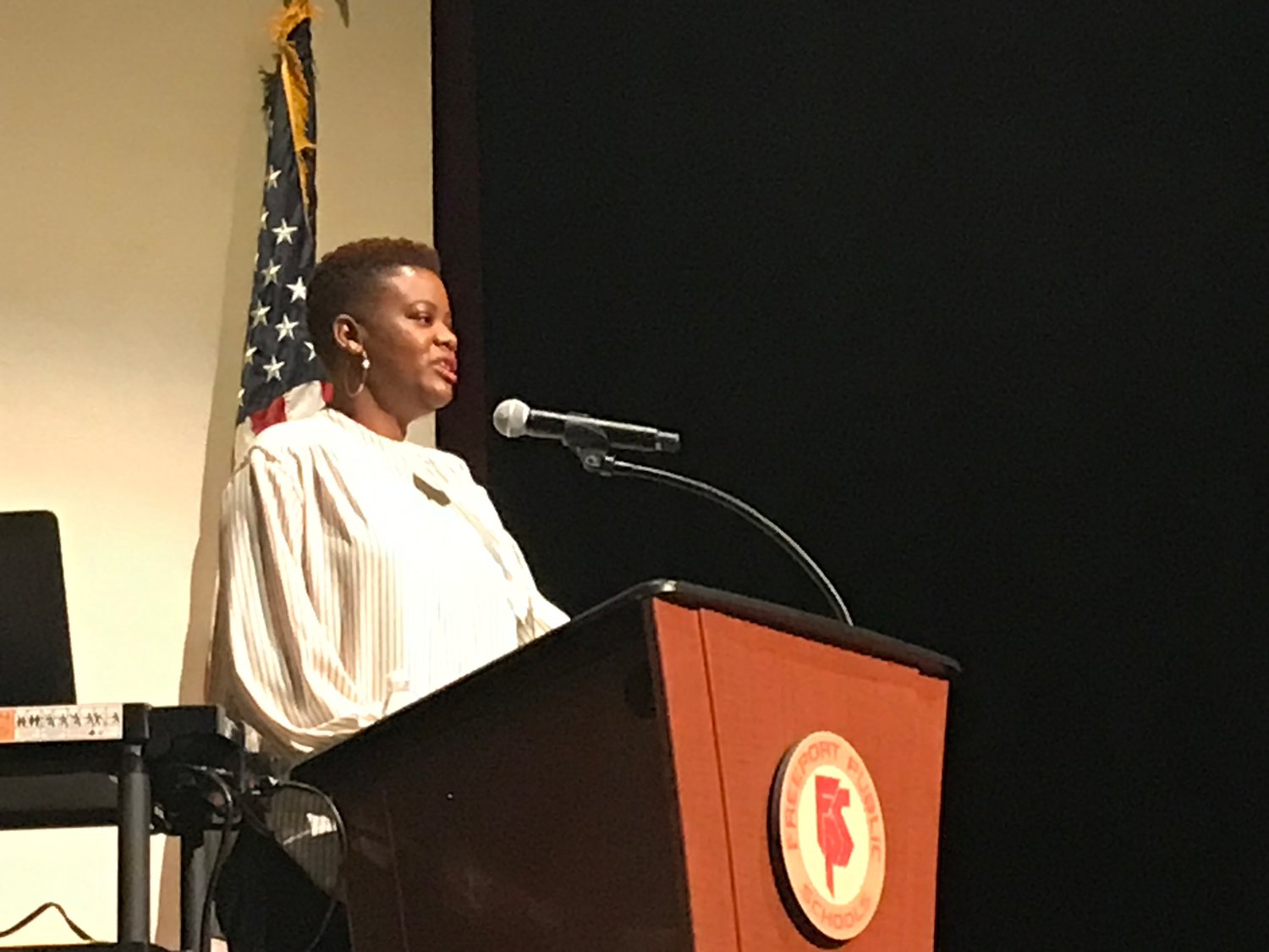Ms. Consolee Nishimwe spoke to students and staff at Freeport High School as part of the Human Relations Club’s annual Human Rights Symposium.