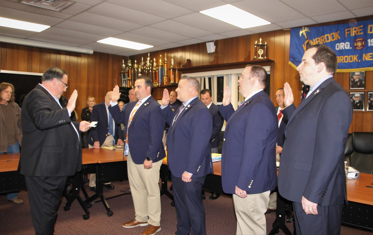 New Lynbrook Fire Department Chief Chris Kelly, second from left, was sworn into his new position by Deputy Mayor Michael Hawxhurst on April 19 along with First Assistant Chief Danny Ambrosio, Second Assistant Chief Scott Bien and Third Assistant Chief Clayton Murphy.