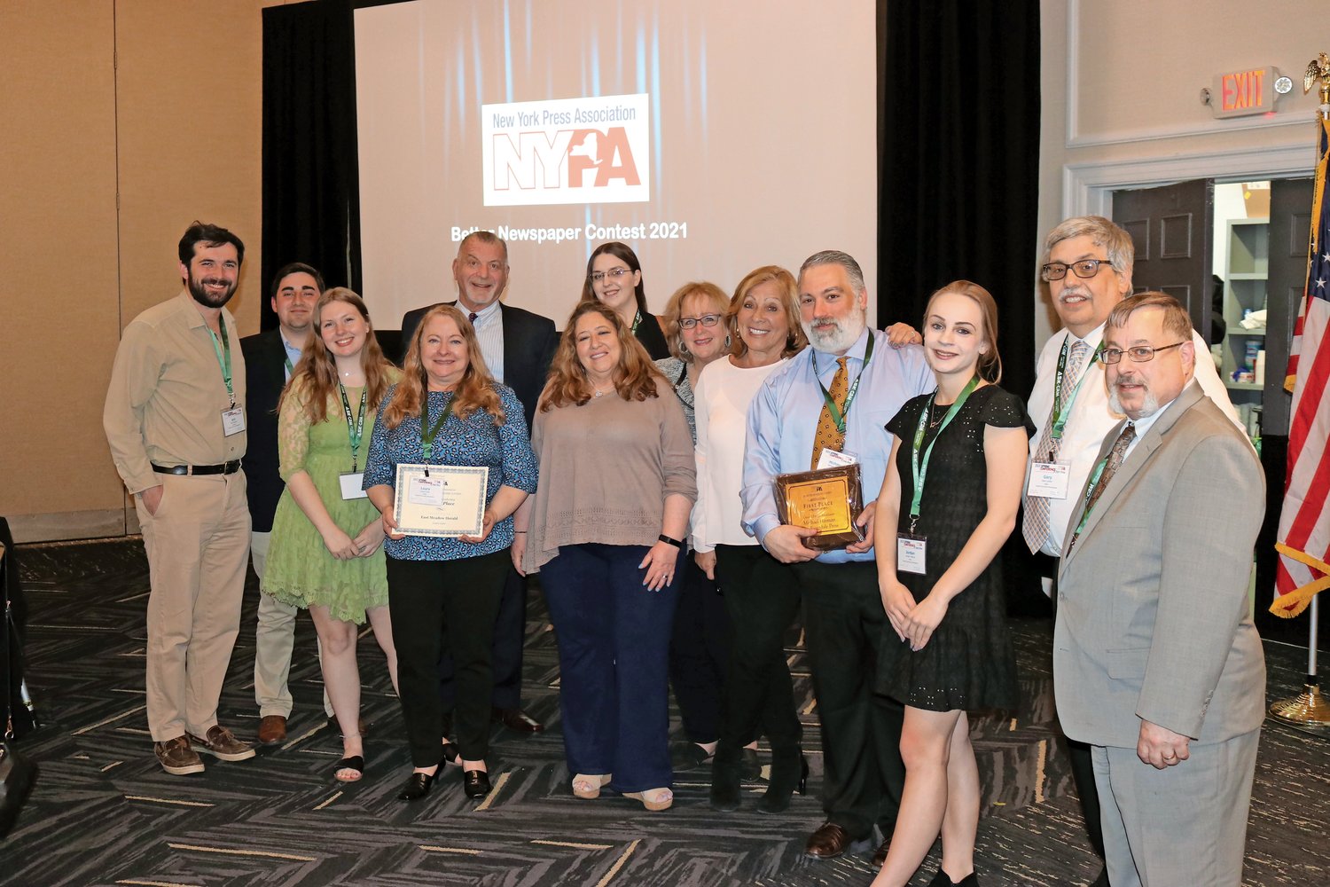 Herald Community Newspapers was well-represented at the New York Press Association’s spring conference in Saratoga Springs last weekend, where the group won a total of 28 state awards. From left, reporters Will Sheeline and Tom Carrozza; senior reporter Mallory Wilson; publisher emeritus Cliff Richner; senior editor Laura Lane; senior reporter Karina Kovac; sales/marketing associate Jessica Kleiman; digital sales manager Lori Berger; sales vice president Rhonda Glickman; executive editor Michael Hinman; senior reporter Jordan Vallone; Riverdale Press editor Gary Larkin; and deputy editor Jeffrey Bessen.