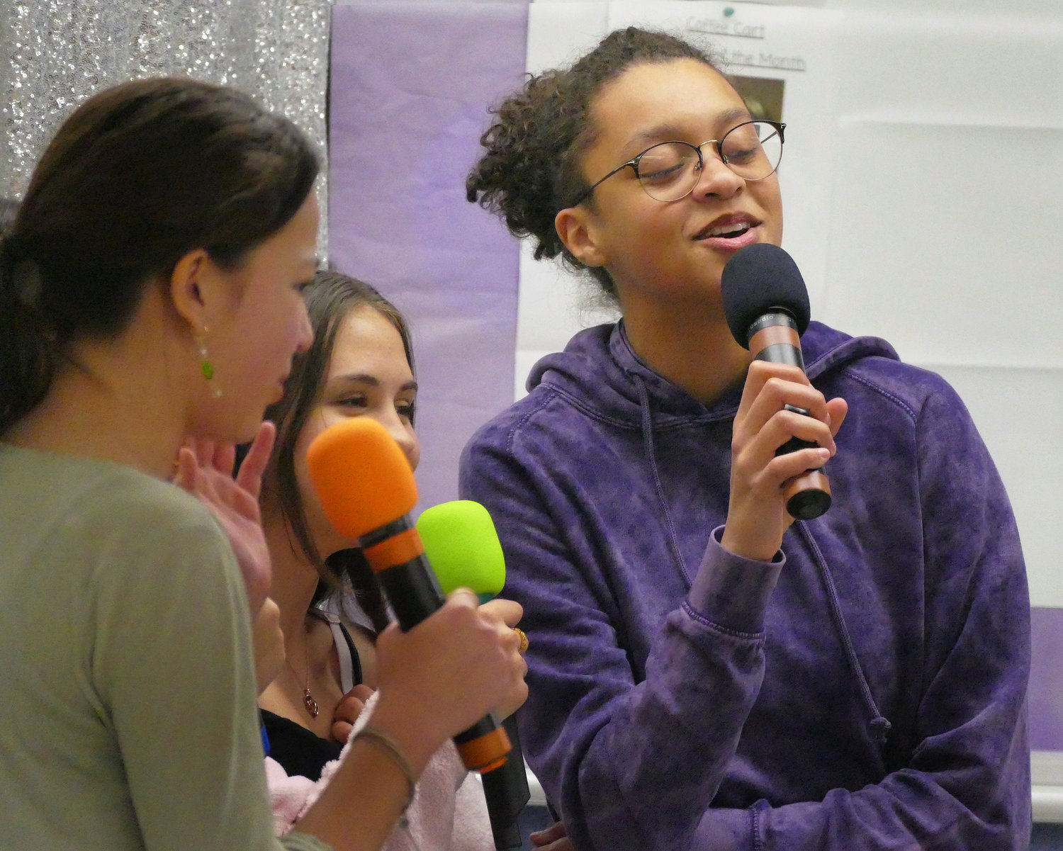 Some students sang karaoke in front of their fellow classmates.