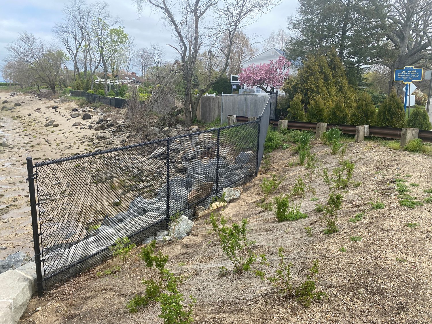 An illustration of the shore of Dosoris Pond, below right, looking toward the Long Island Sound, at low tide. The shoreline below the fence belongs to the state and is open to the public.fence involves negotiating the shore wall and climbing down the rocks below.