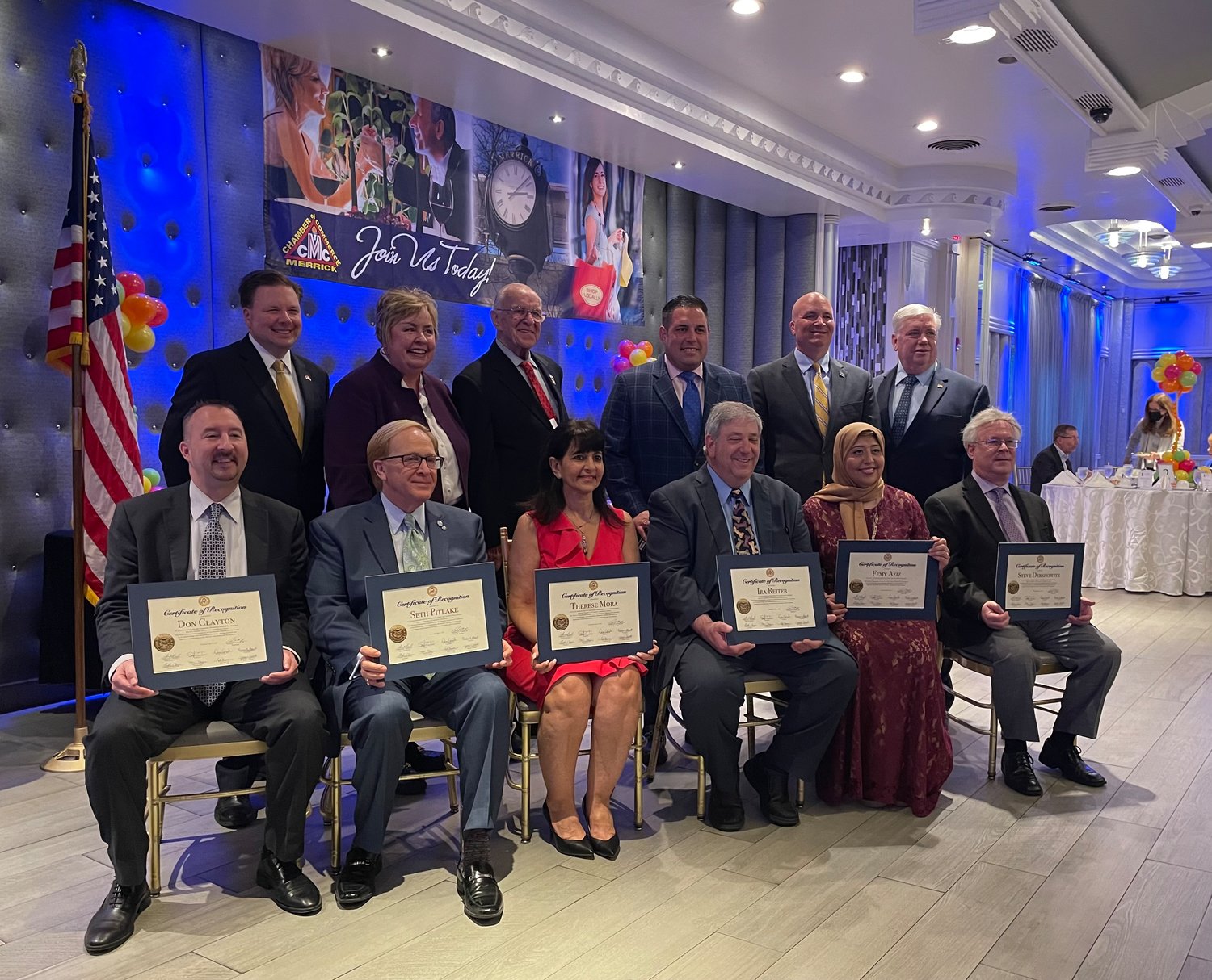 honorees Dan Clayton, Seth Pitlake, Therese Mara, Ira Reiter, Femy Aziz and Steve Dershowitz, in front, with County Legislator Tom McKevitt, Town Clerk Kate Murray, State Assemblyman Dave McDonough, Town Councilmen Anthony Esposito and Chris Carini and Mike Reid, State Sen. John Brooks’s chief of staff, at the installation dinner.
