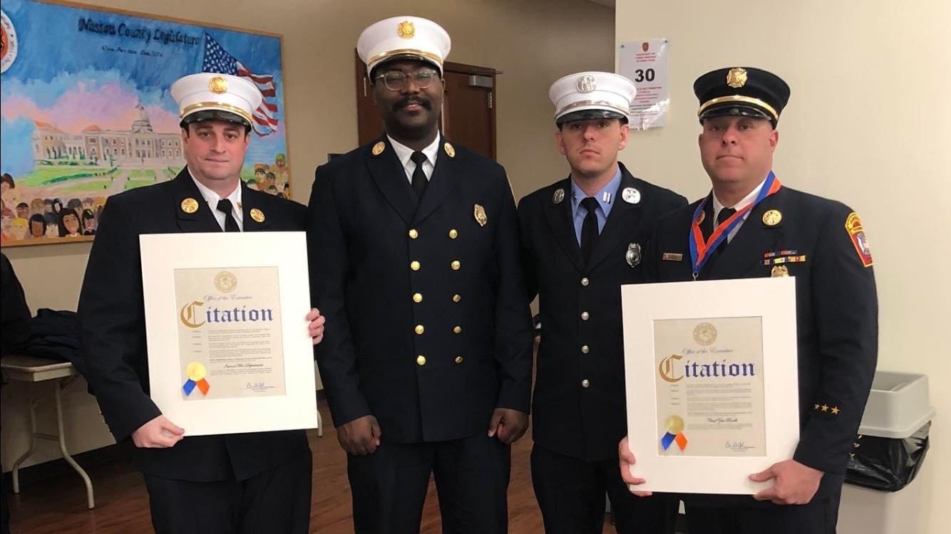 The Inwood and Lawrence-Cedarhurst fire departments were honored at the 2022 Nassau County Firematic Medal Day. From left were Inwood Chief Peter Curcio, Deputy Chief Josiah Green, Capt. Chris Klein and Ex-Chief Anthony Rivelli.