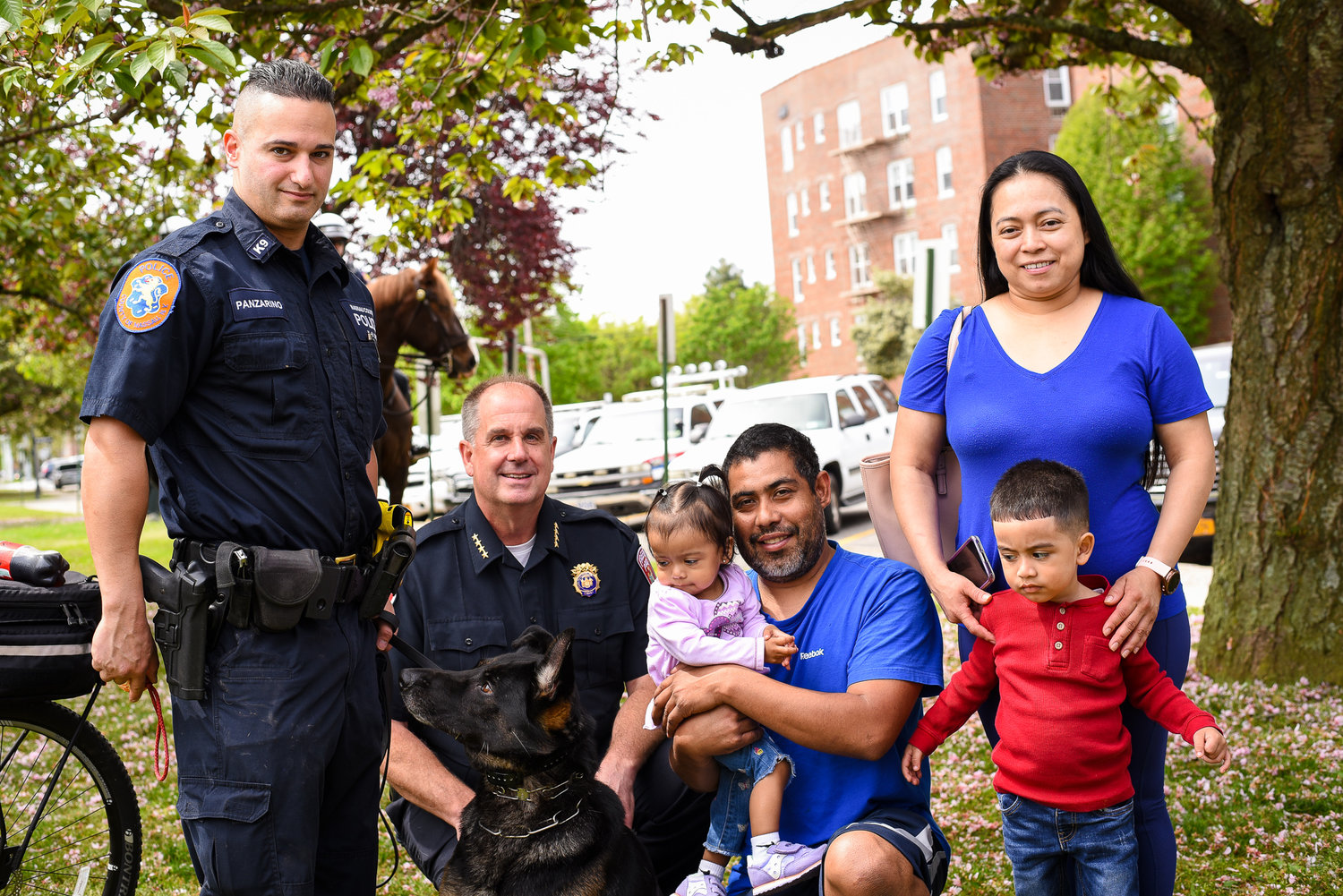 K-9 Unit Police Officer Scott Panzarino and Chief Michael Smith showed Panzarino’s canine partner, Steel, to Ingrid Ortiz, Miguel Lopez, and their children, 18-month-old Katya and three-year-old Brando, at the Freeport Police Department open house last Saturday