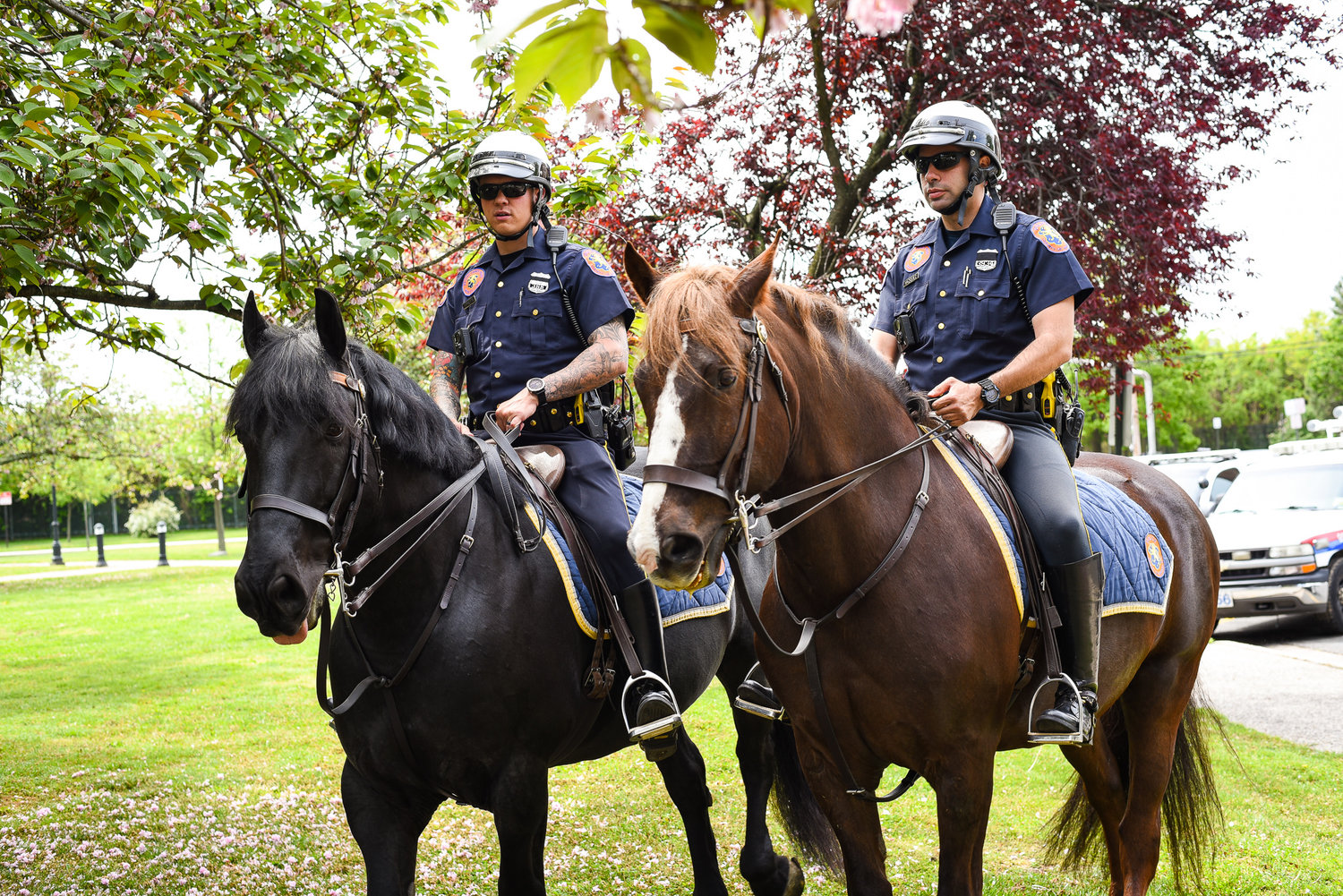 Two mounted officers from the Nassau County Police Department greeted visitors at the Freeport Police Open House.