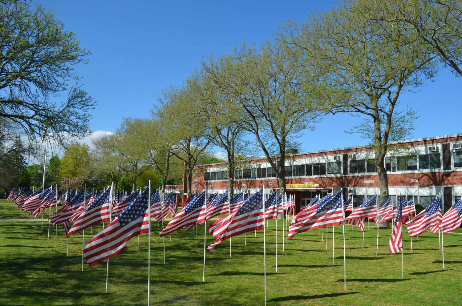 The school yard in front of Fayette is flooded with American flags, ahead of Memorial Day and Flag Day.
