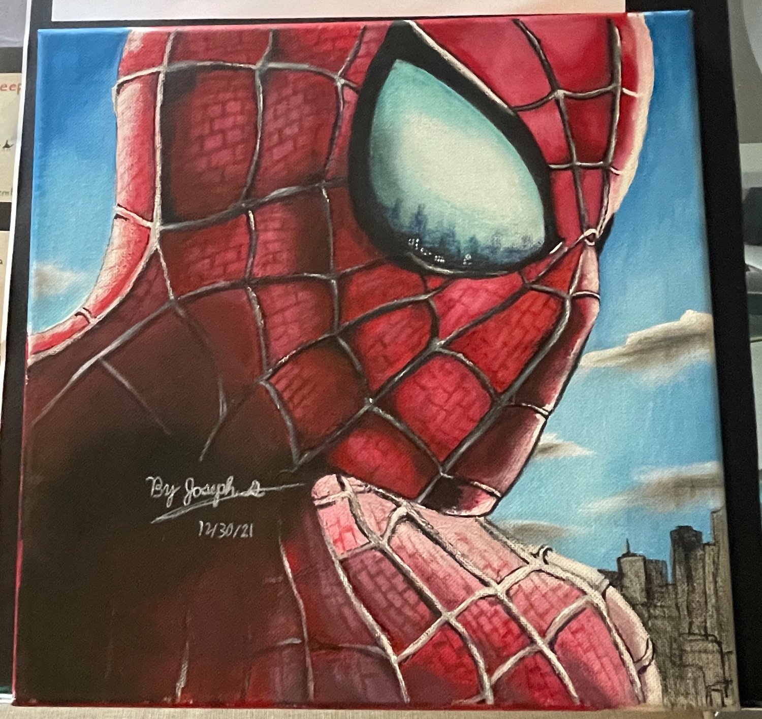 He is fond of blending media, and used pencil as well as paint in his depiction of Spider-Man.