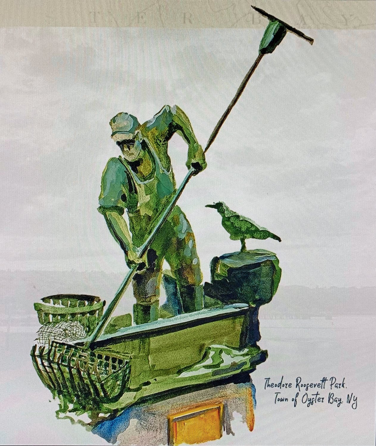 A watercolor created by Kirk Larsen, of the monument — a bayman clamming — was shared at the Town of Oyster Bay meeting on May 11.