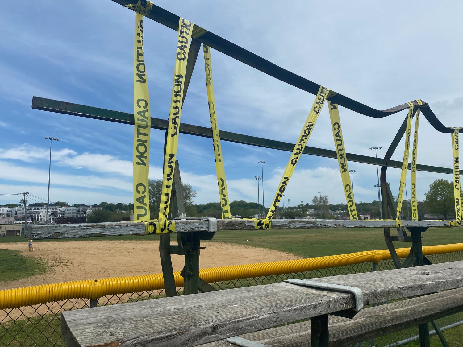 A bleacher at Field 7 in John Maccarone Memorial City Stadium is covered in yellow tape due to damages. New bleachers will be ordered by the city.