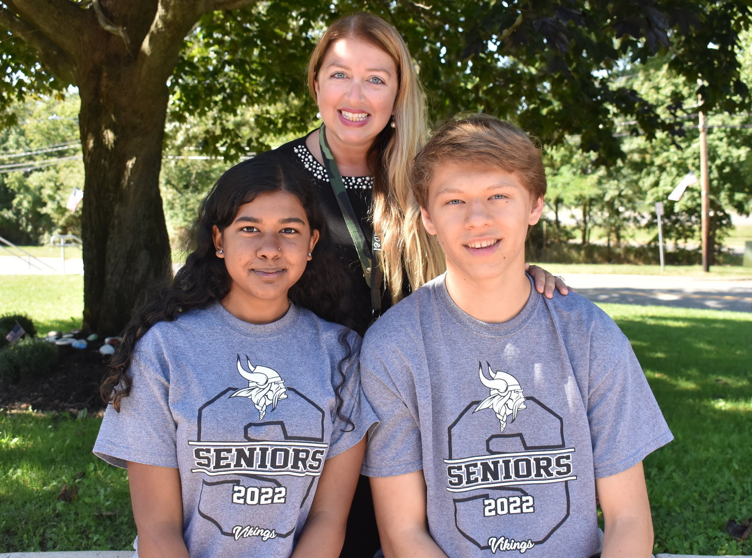 Class of 2022 Valedictorian Jack Pidherney, right, with Salutatorian Rayann Ramoutar and Seaford High School Principal Nicole Schnabel.