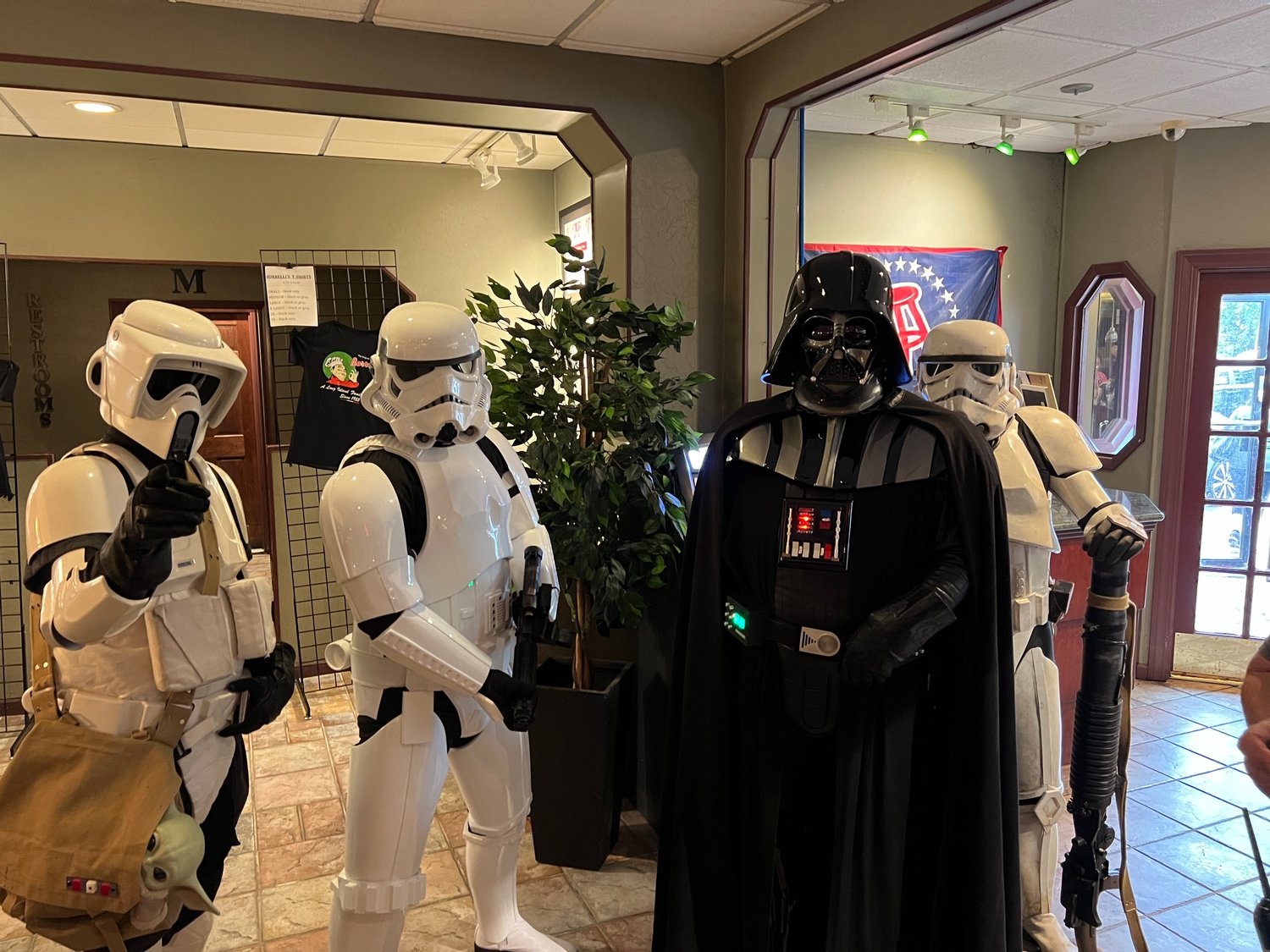 The 501st Legion, an international organization dedicated to the creation and wearing of detailed replicas of villains from the “Star Wars” universe, stopped by to have some pancakes.