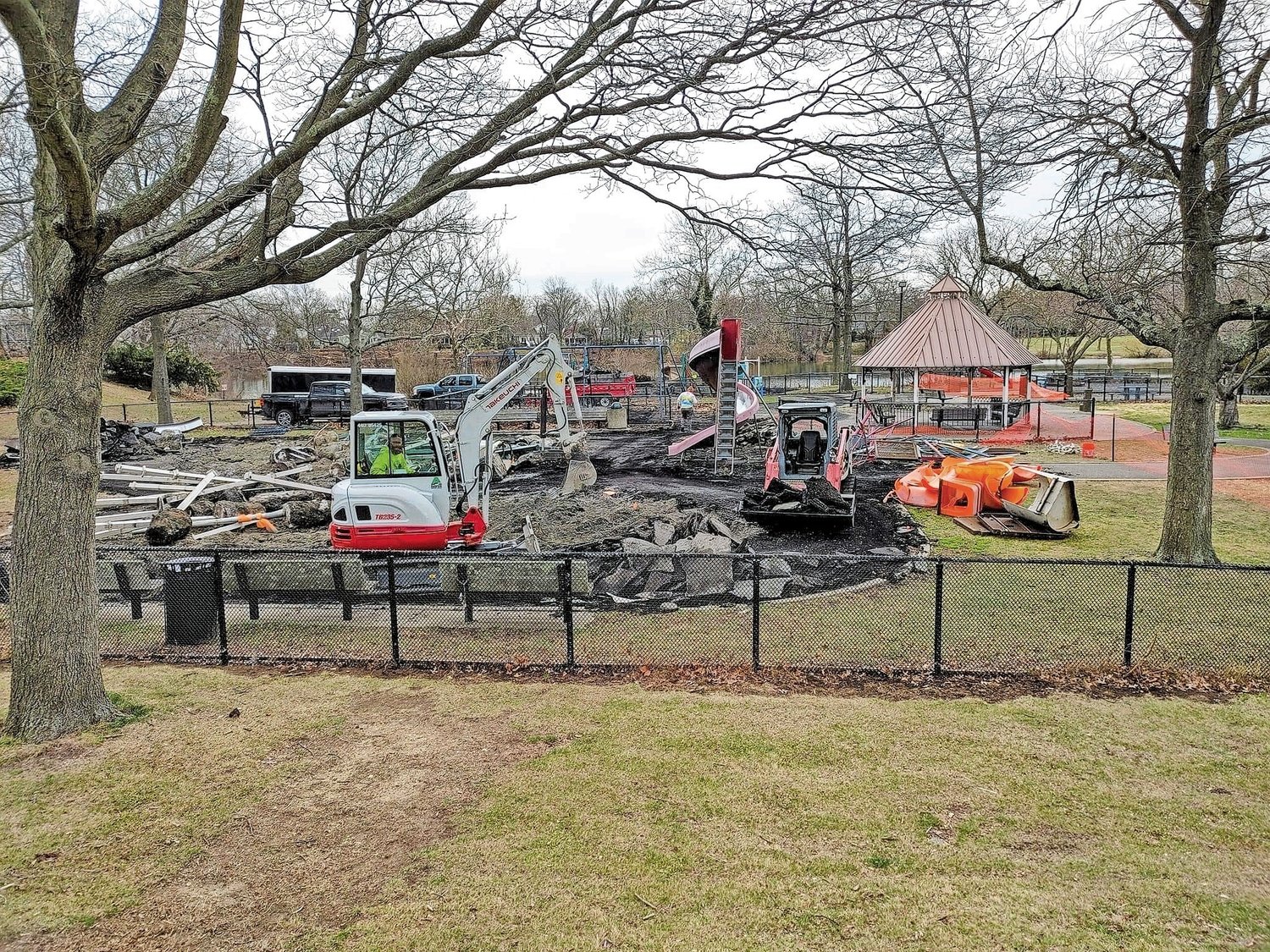 The old playground near the Kelly Tinyes memorial at Grant Park in Hewlett was demolished in April, and construction on the new playground started last weekend.
