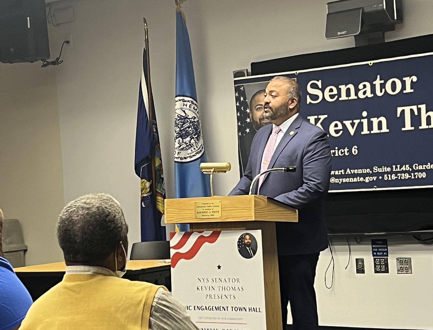 Senator Kevin Thomas held a townhouse meeting on June 22 at Hempstead Public Library to discuss citizens’ concerns and to explain the funding he had helped sponsor for Long Islanders in the new state budget.