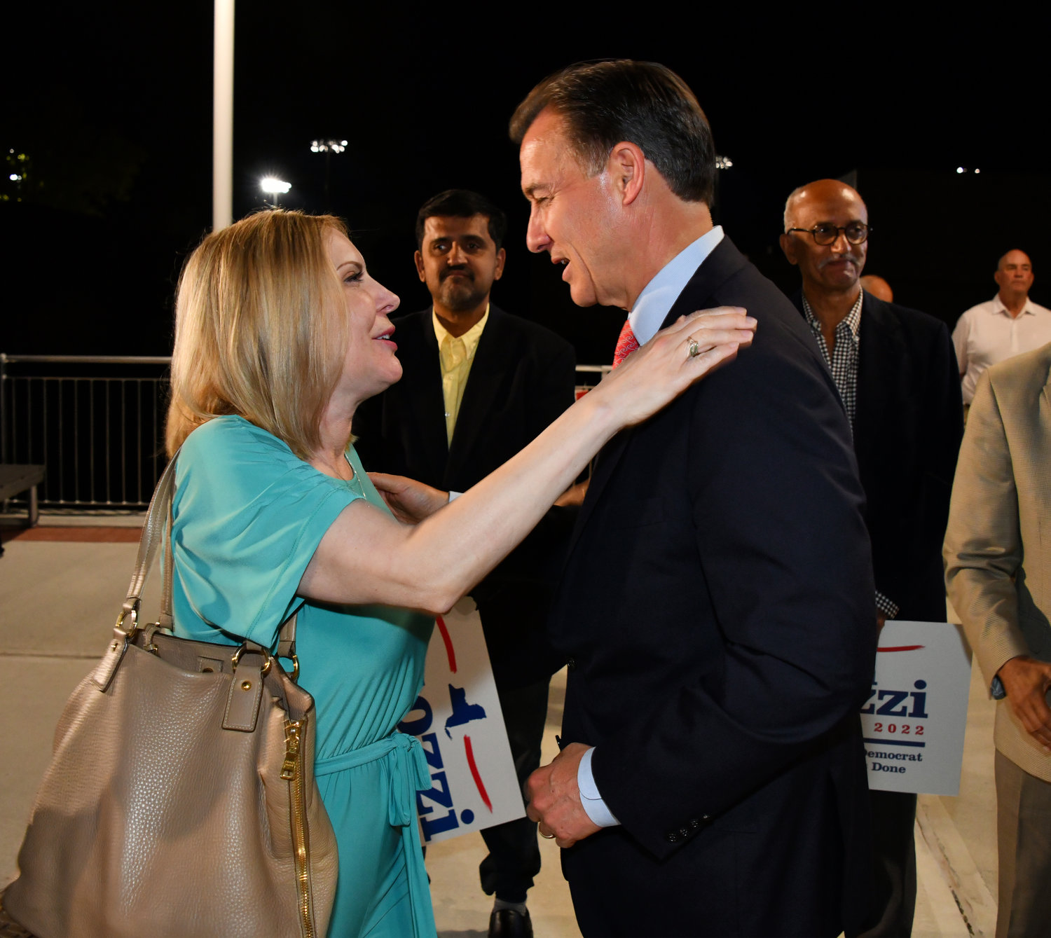 Former Glen Cove City Councilwoman Dr. Eve Lupenko Ferrante consoled Tom Suozzi, who lost by a wide margin in the Democratic primary on Tuesday. She and many supporters waited for Suozzi until 10:30 pm. at Garvies Point Brewery and Restaurant.