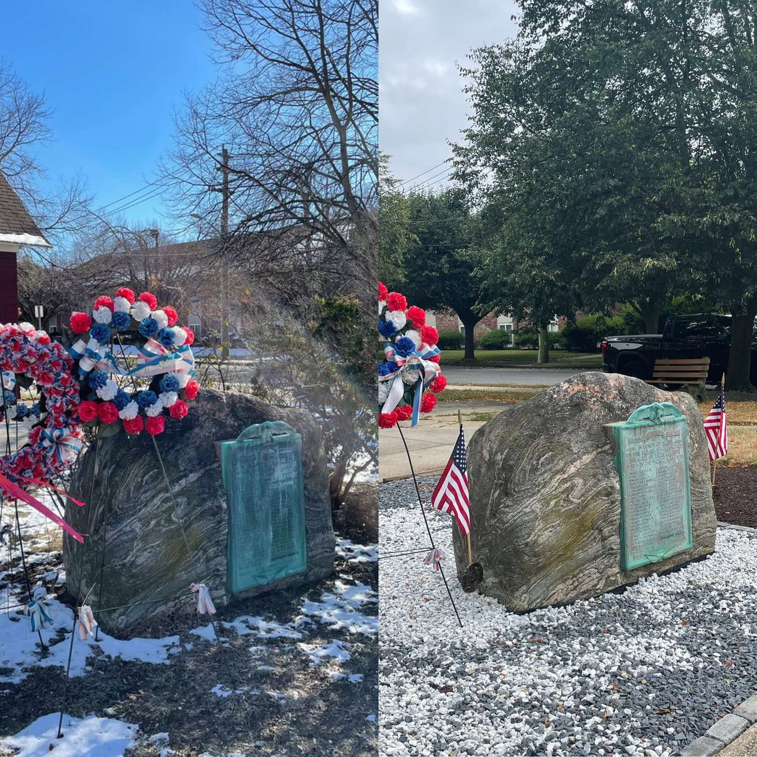 A World War 1 Memorial in front of the Old Merrick Library was recently restored. Brandon Goldstein, 16, a Boy Scout who is working on his Eagle rank, worked with Jewish War Veterans Post 652 to revive the marker. Above, the memorial in February, left, and after the restoration, right.