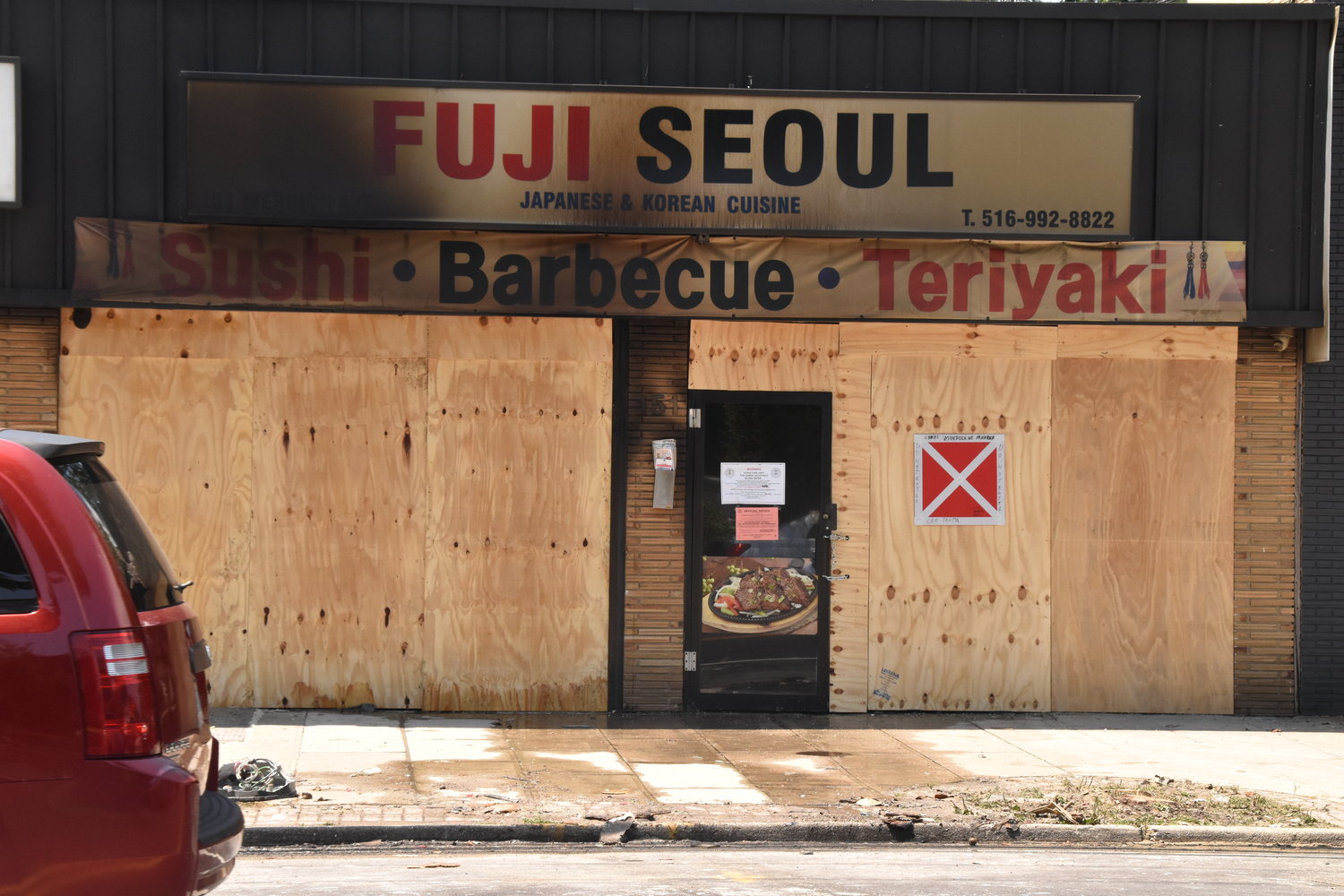 On Thursday, Fuji Seoul was boarded up as a result of the damages.