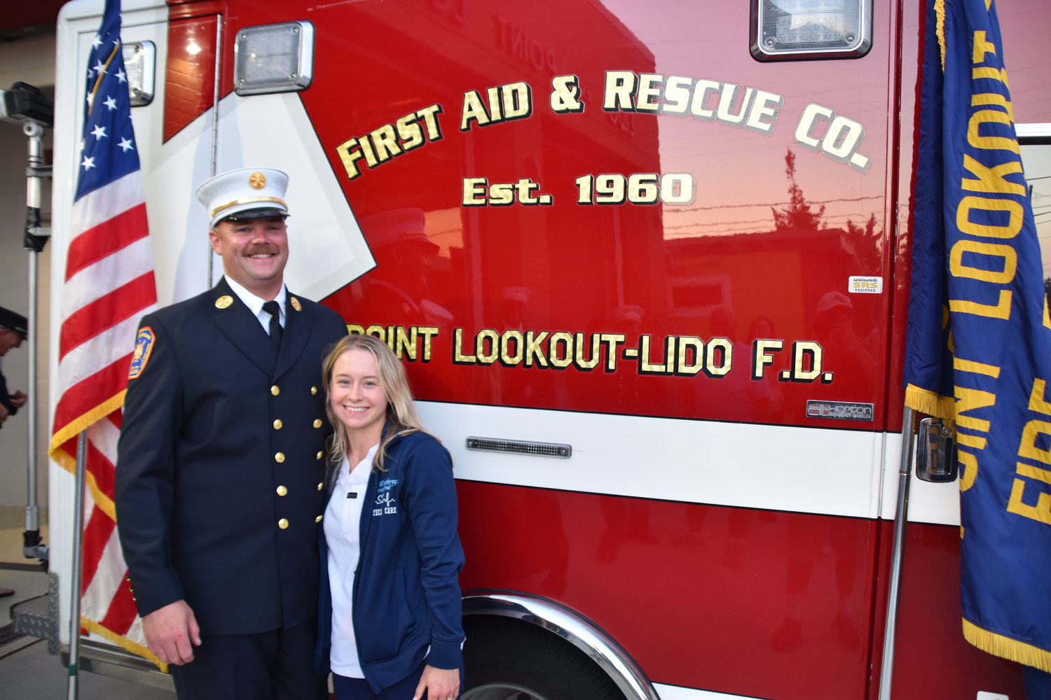 Peter Meyer, the second deputy chief at Point Lookout-Lido Fire Department, with his wife and Point Lookout-Lido FD EMT Elizabeth Eberhart-Meyer.