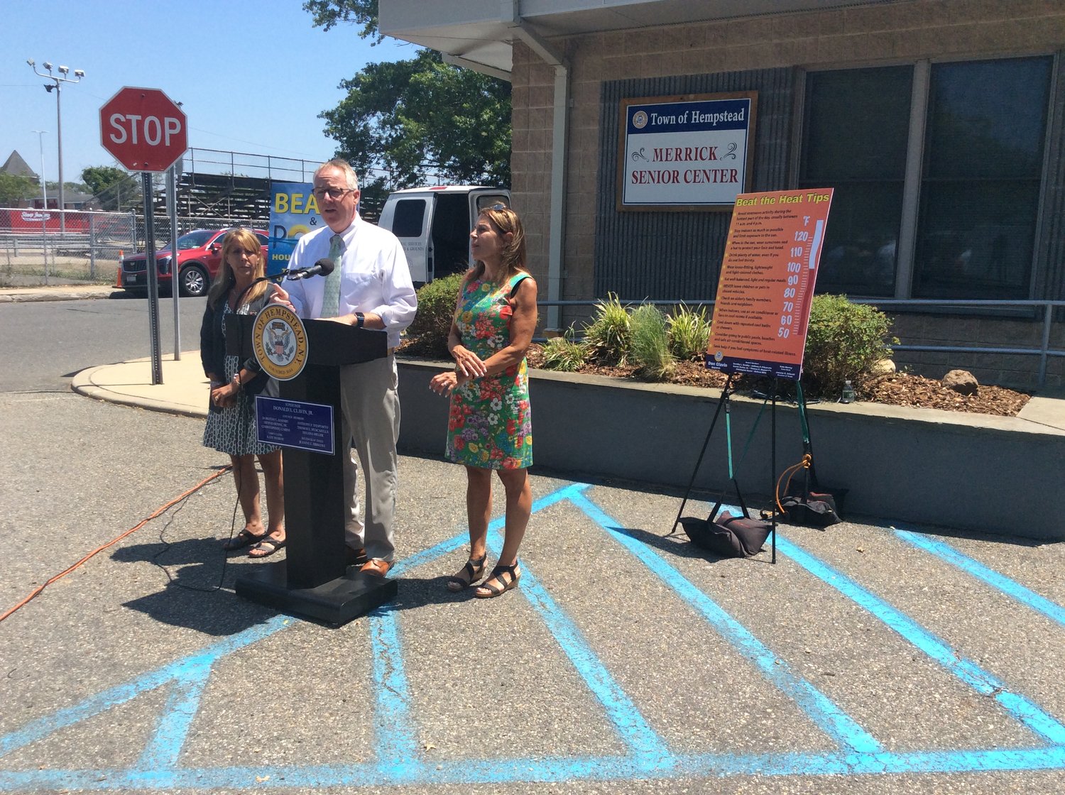 Clavin spoke on the importance of Town cooling centers, and gave updates on shark sightings at local beaches. Clavin noted that the increase in shark sightings is a concern that the Town and other areas on Long Island are monitoring closely. Life guards, he said, are properly trained to spot a dorsal fin, and keep residents safe.