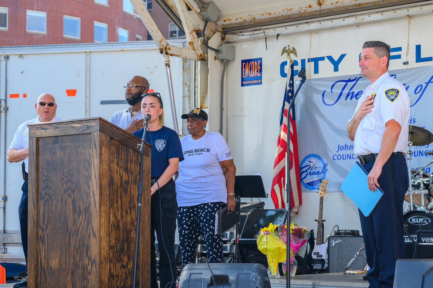 Long Beach Special Officer Kristen Murphy sang the national anthem at the city’s National Night Out last week.
