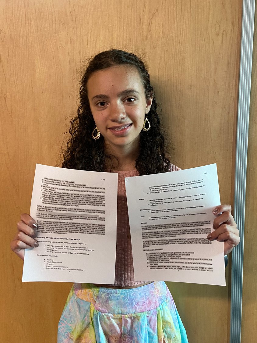 Sabrina Rosenberg, 12, called for changes in her school’s dress code policy. On Aug. 3 at the East Meadow Board of Education meeting, the board did the first reading of the new code. It will be voted on at the Aug, 24 BOE meeting.