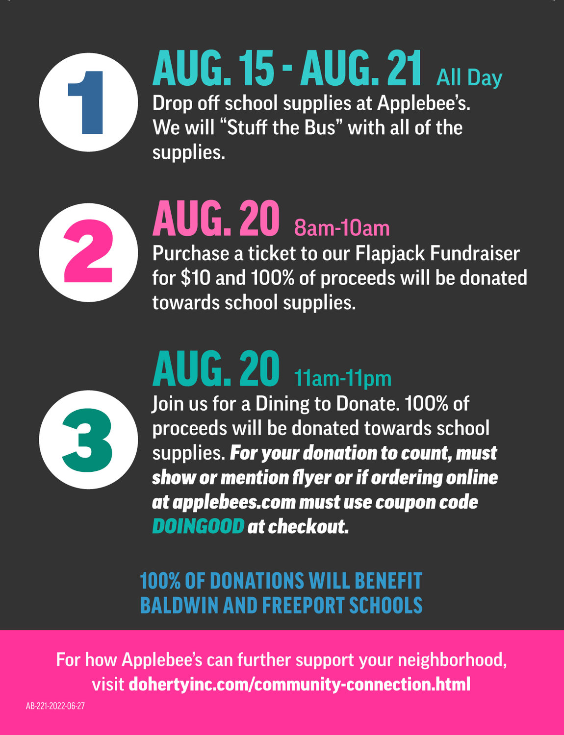 The Applebee’s in Baldwin will be hosting their first “Stuff the Bus” school supply drive with a week-long schedule of events and drop-off hours.