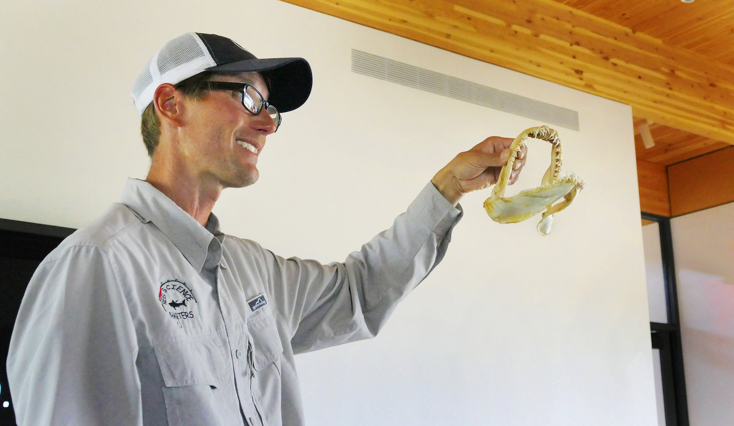 Greg Metzger shows the Shark Jaw & Teeth during a special presentation at the Jones Beach Energy and Nature Center on August 6.
