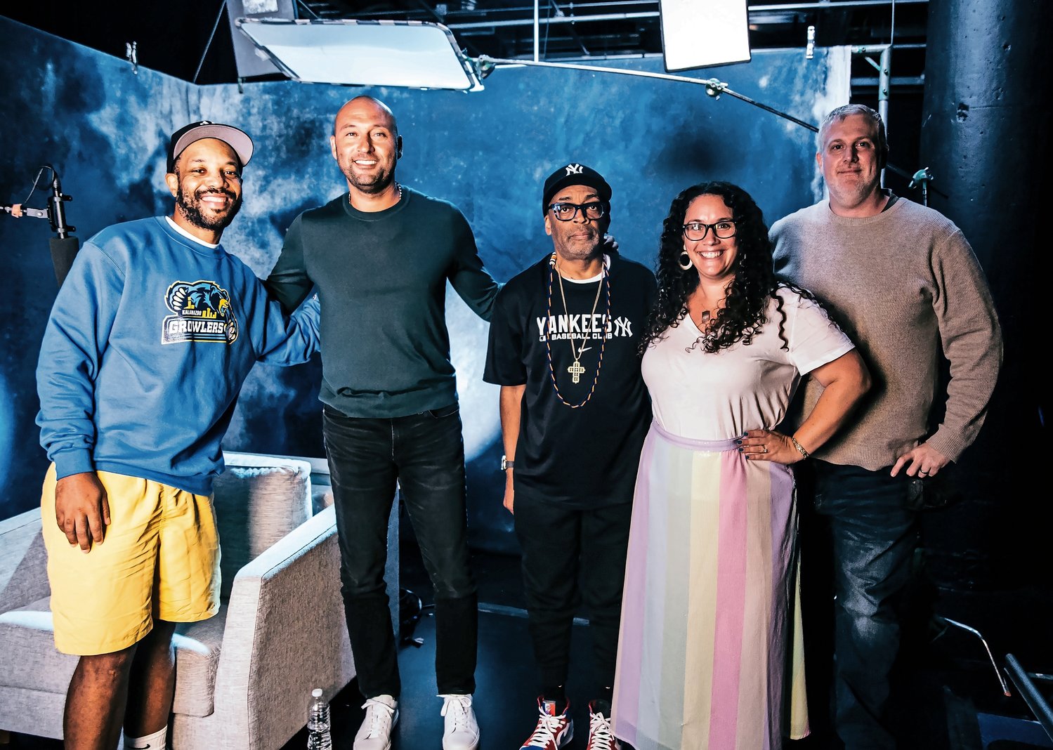 From Left: Director Randy Wilkins, Derek Jeter, Spike Lee, Alex Cirillo and Gabe Honig on the set of 'The Captain.'