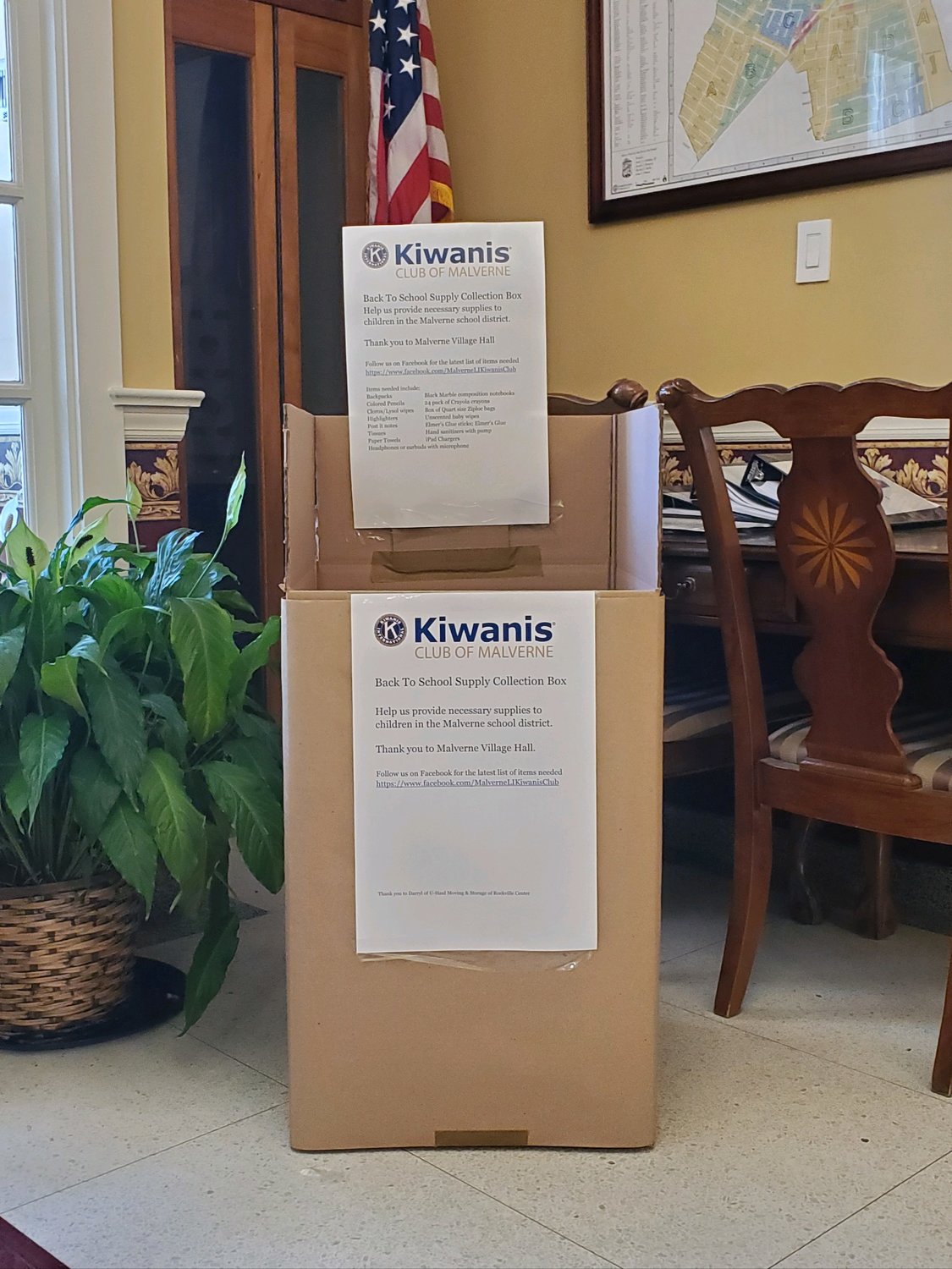 The Kiwanis Club’s school supply collection box at Malverne Village Hall remained mostly empty last Friday.