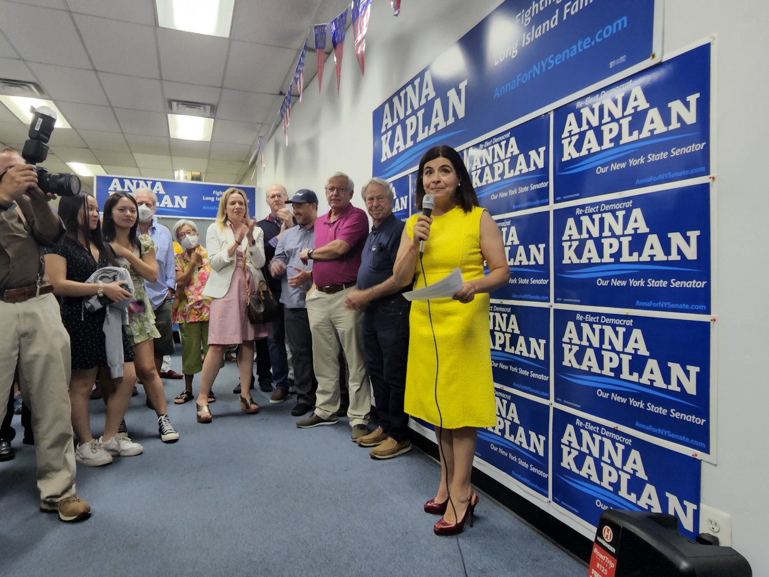 State Senator Anna Kaplan, right, at her campaign headquarters in Glen Cove spoke of her commitment to the community after she won the Democratic primary on Tuesday.