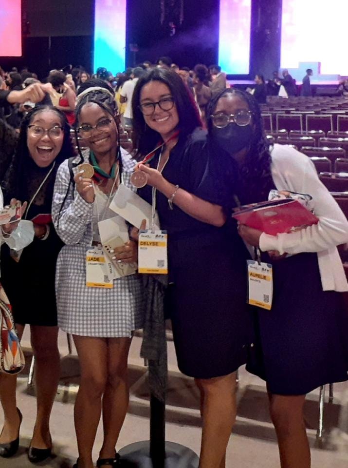 Students Gabrielle Joseph, Jade Crawford, Delyse Rios, and Aurelie Maurice represented Nassau County at the Afro-Academic, Cultural, Technological and Scientific Olympics held in Atlantic City, bringing home a gold and bronze medal.