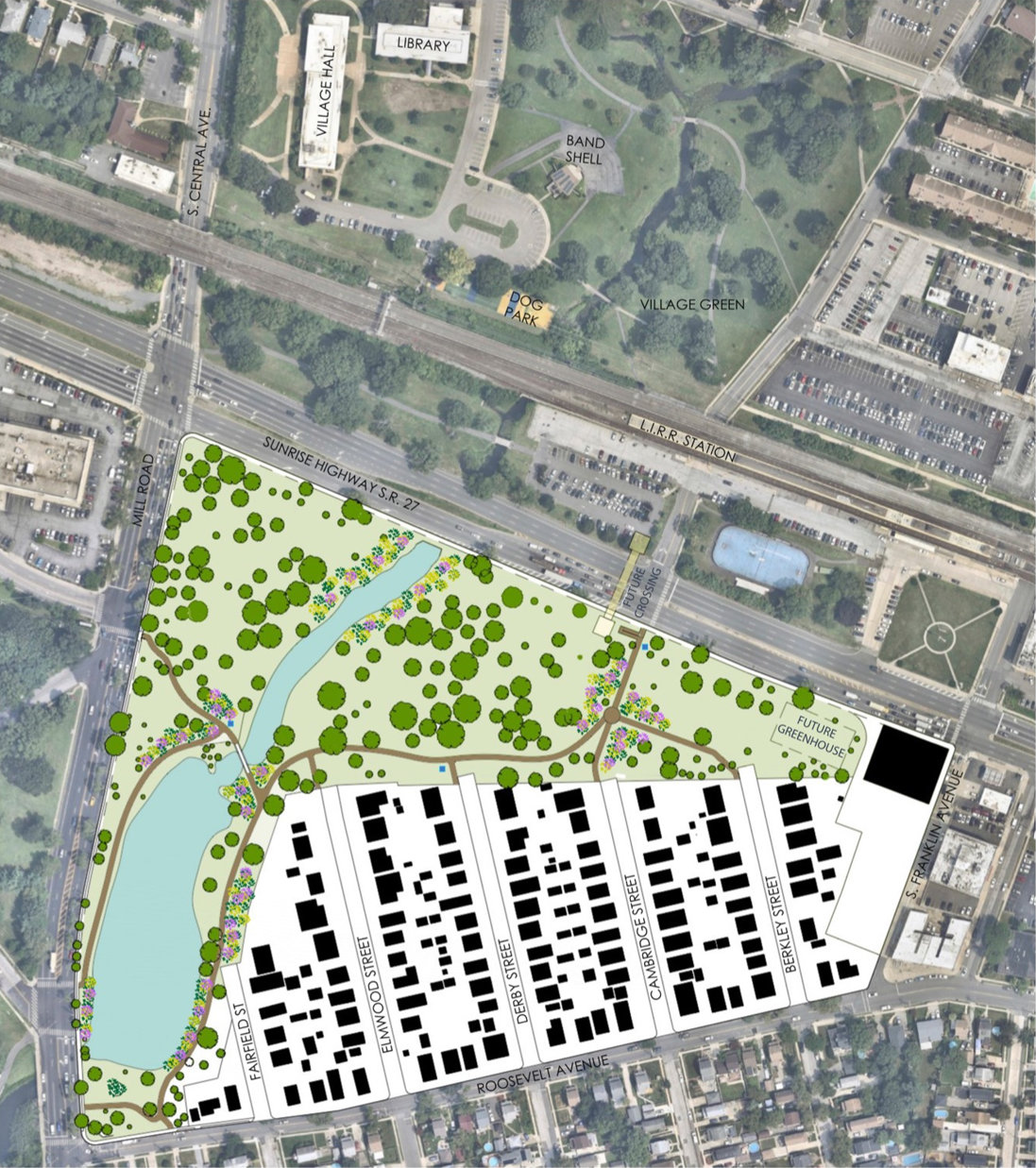 An initial site plan for the pedestrian and cyclist pathway network through Edward W. Cahill Memorial Park shows connections to various dead-end residential streets and major thoroughfares.