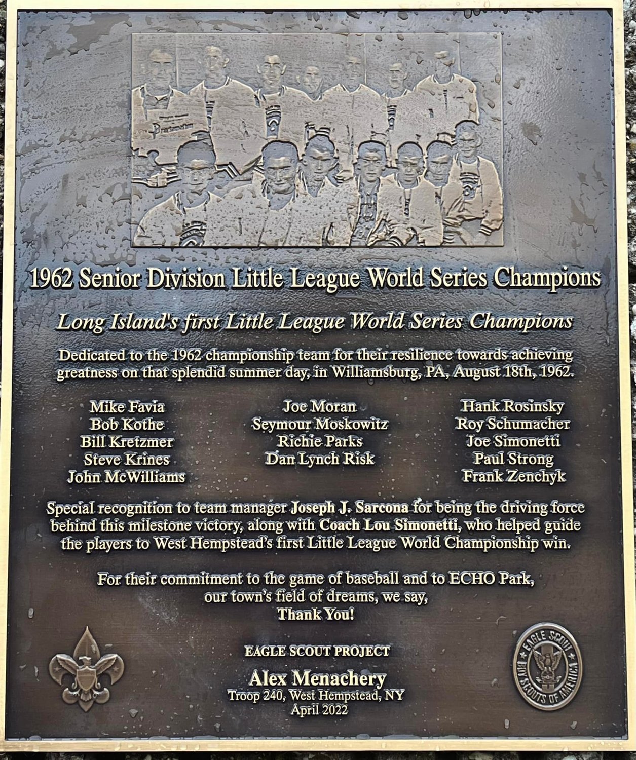 Eagle Scout hopeful Alex Menachery installed a plaque commemorating the 1962 victory of West Hempstead’s Senior League baseball team in Echo Park.