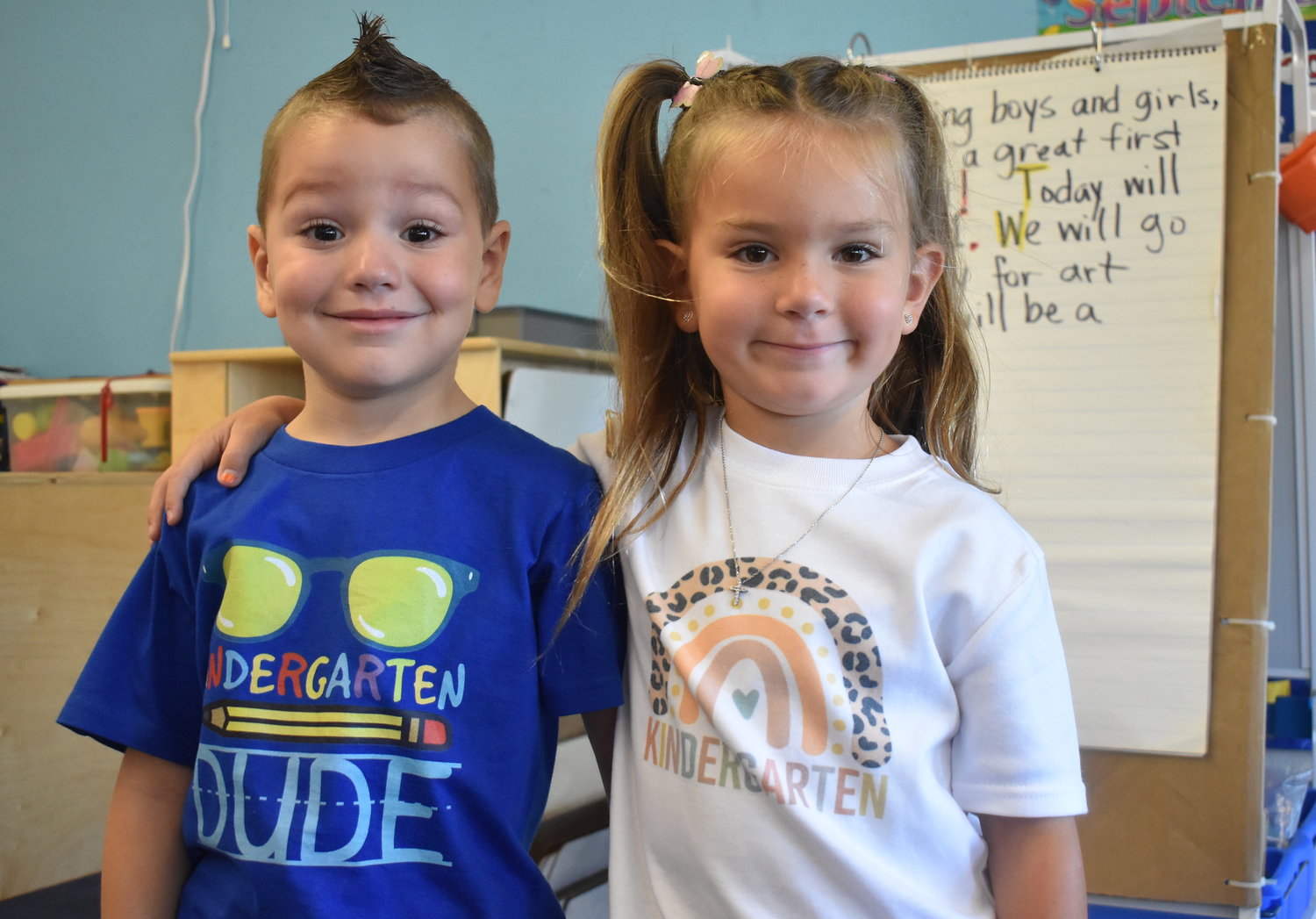 Kindergartners Vincent Cafiero and Sophia Miller had picked out the right outfits for the first day of school.