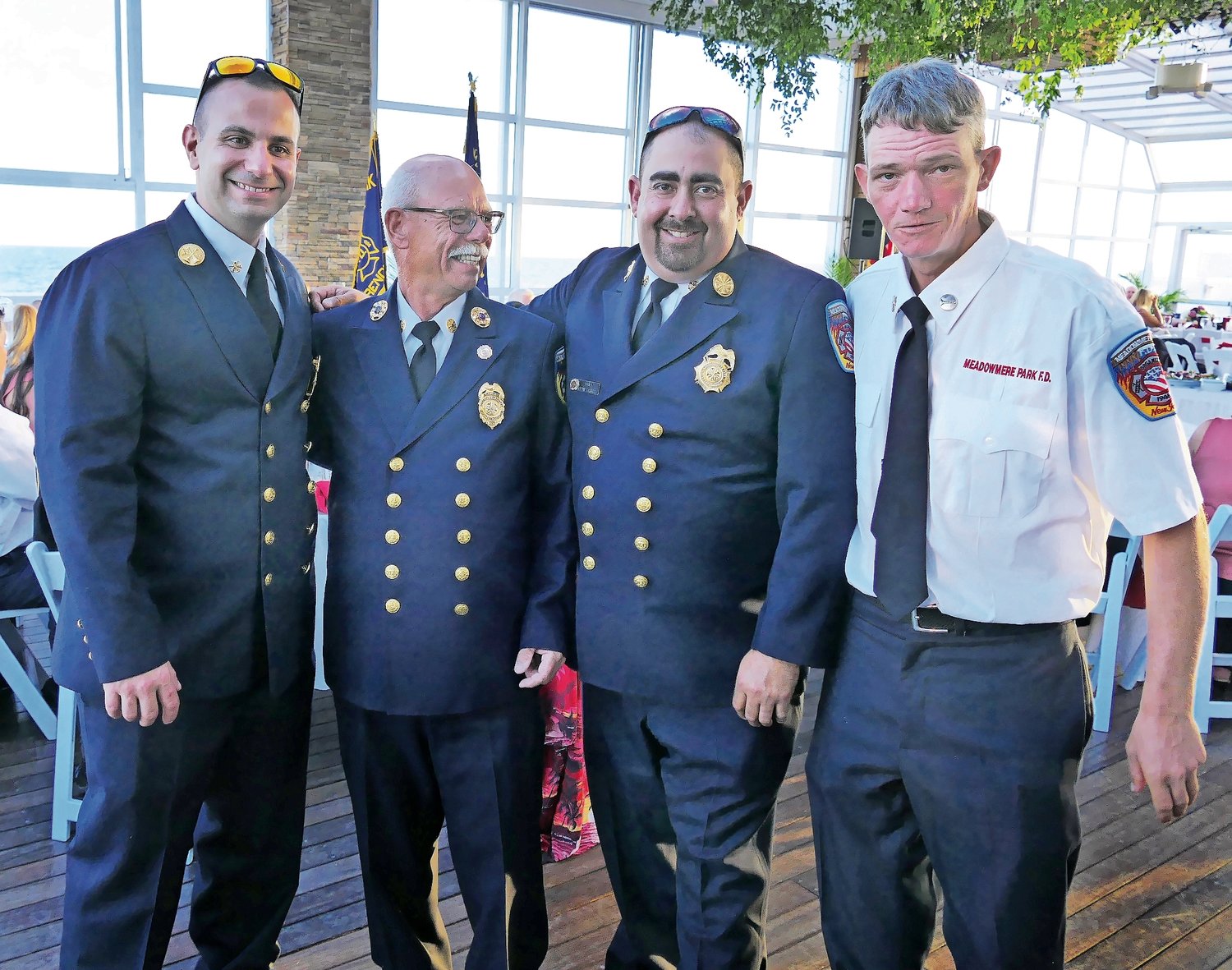 The Meadowmere Park Fire Department celebrated its 76th installation of officers on Aug. 12. From left were 2nd Assistant Chief John Gogel, Safety Officer Scott Howie, Chief Kevin Carrero and Lt. Joseph Bidel.