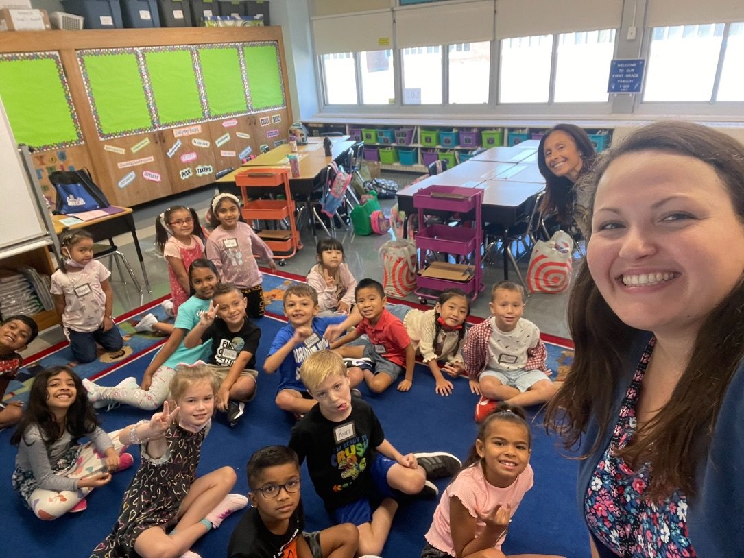 Ms. McKillop took a selfie with her first grade students at Barnum Woods Elementary School during the first day of school.
