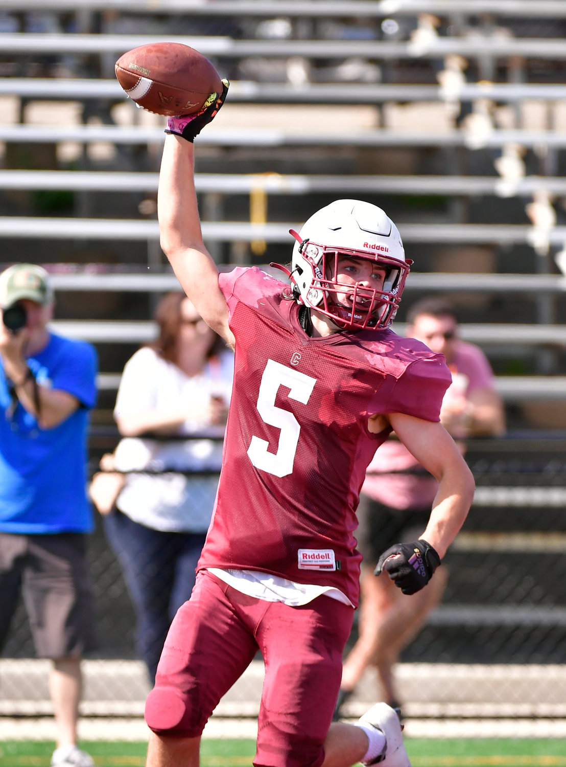 Senior Tom Roche celebrated his second-quarter touchdown that helped the Rams build a 16-point halftime lead in last Saturday’s win.