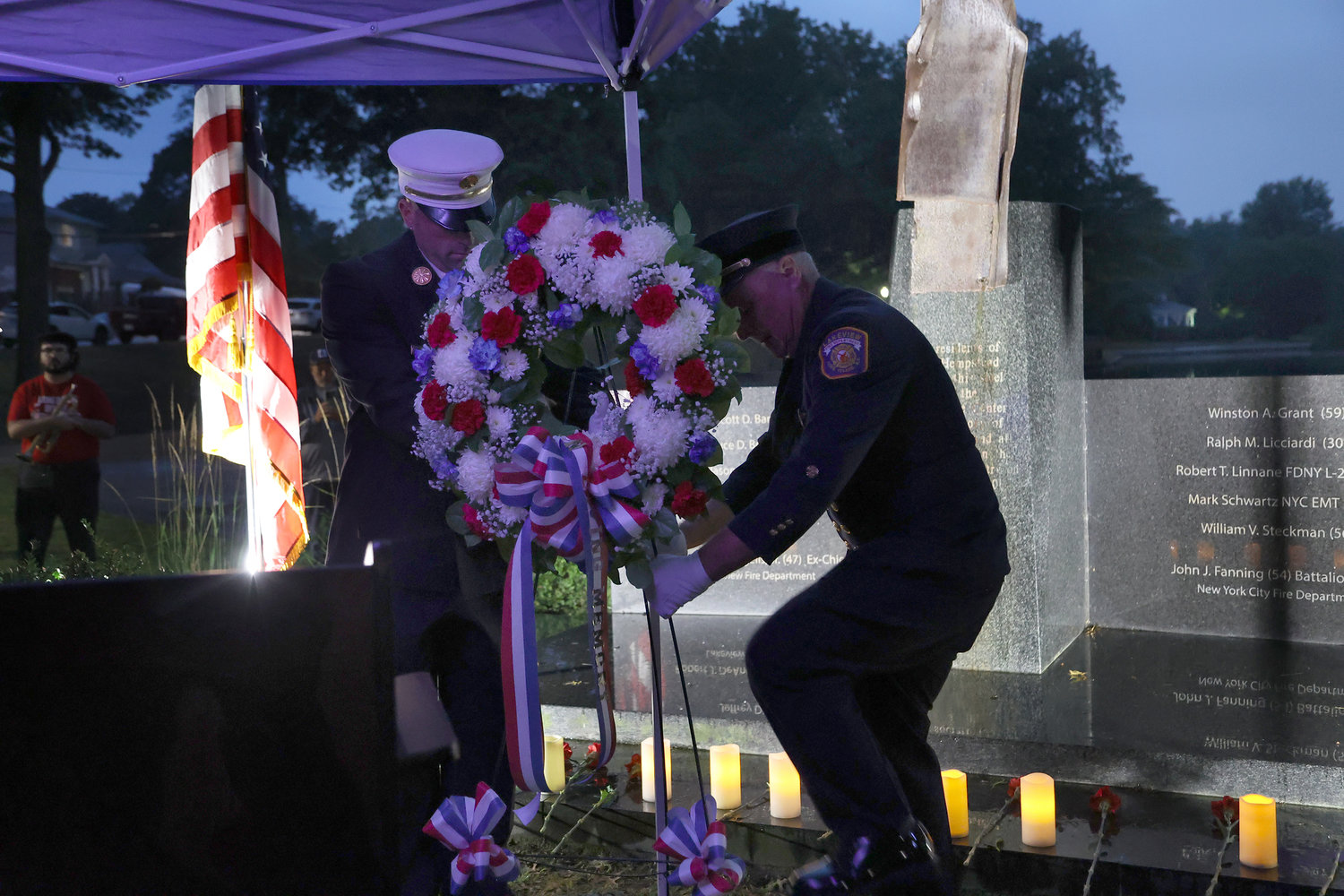 West Hempstead Fire Department Chief Andrew Brohm and Lakeview Fire Department Chief Michael Joyce laid a wreath in front of West Hempstead’s 9/11 memorial in front of Hall’s Pond.