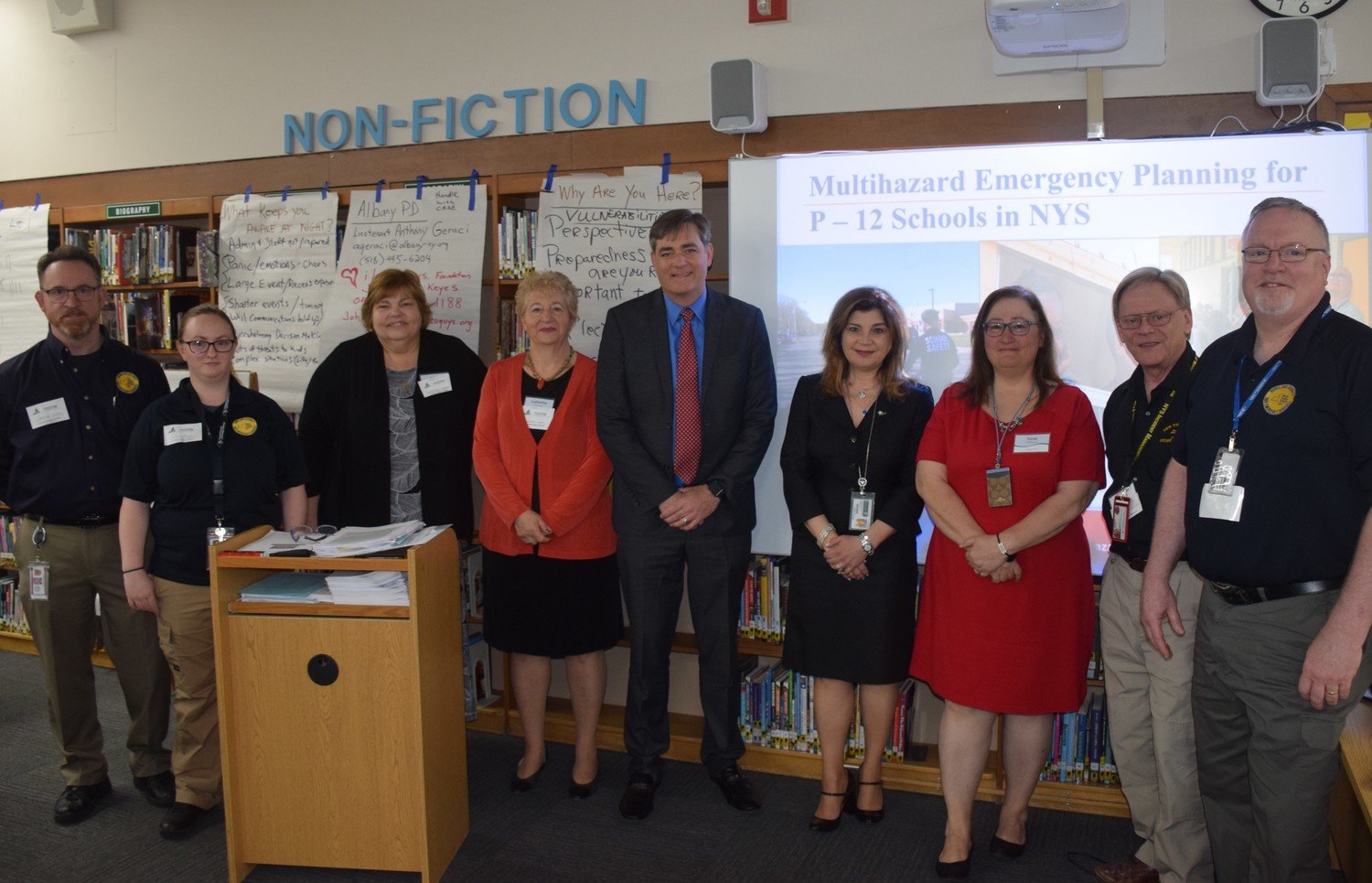 Wantagh superintendent John McNamara, center, and Seaford superintendent Adele Pecora, fourth from right, were among those who gathered for disaster training in 2018.