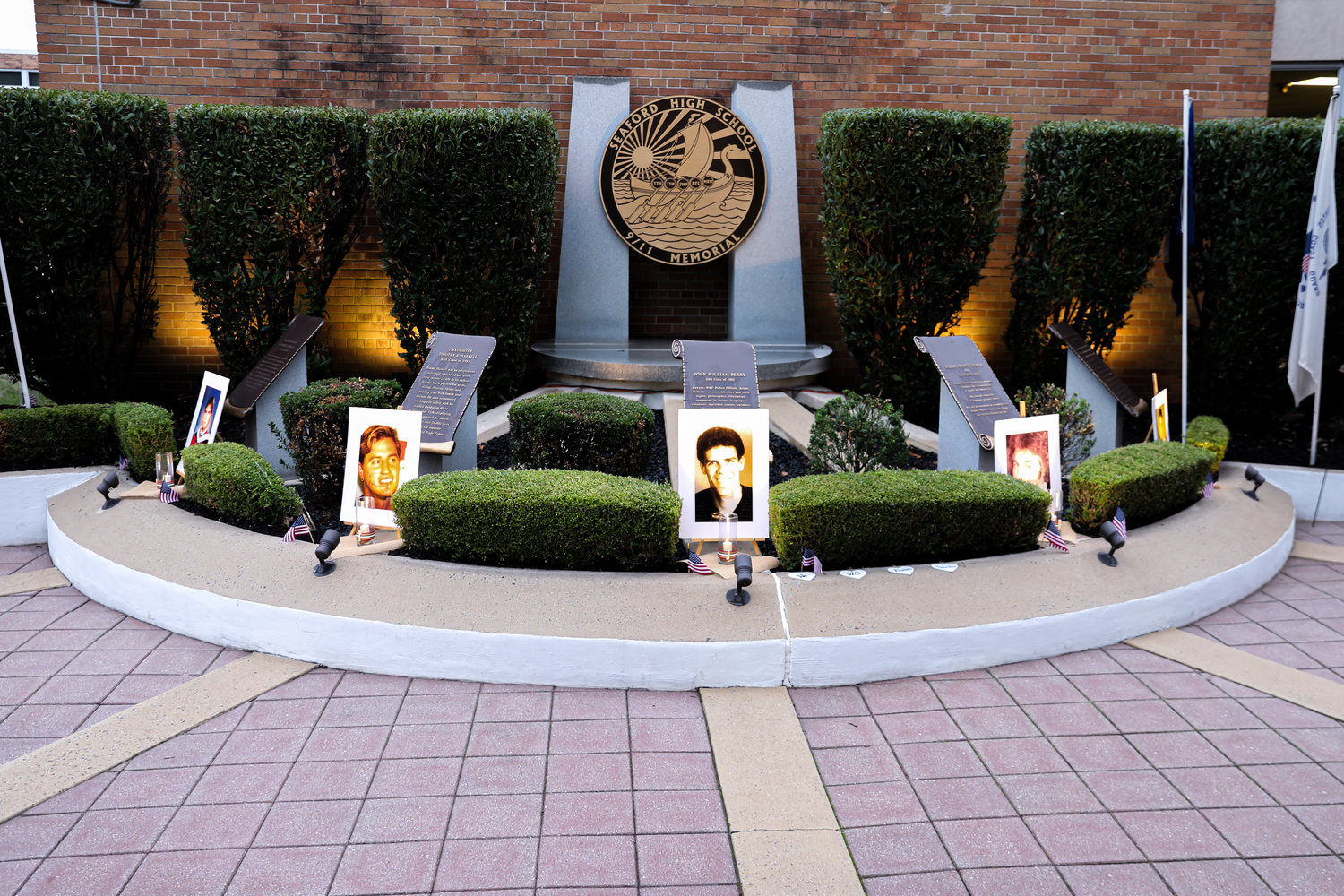 The Seaford 9/11 Memorial to its five heroes, located at the high school so that Seaford kids will never forget.
